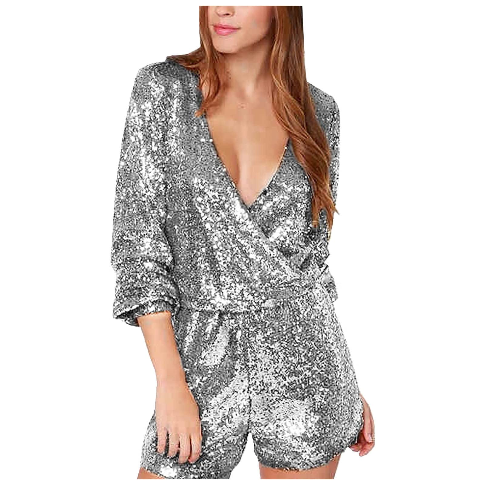 Sexy Sequin Jumpsuit Abba Outfits for Women Deep V-Neck Abba Fancy Dress Costume Fitted Waist Bodycon 70s Fancy Dress Women Disco Outfits Sparkle Glitter Rompers UK Size S-2XL