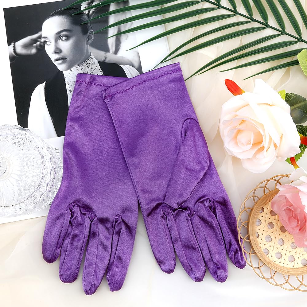 Leislam Satin Gloves for Women - Opera, Short, Vintage Halloween Costume Accessories - Purple (1 Pair), Purple-Gloves, Average size - Image 2