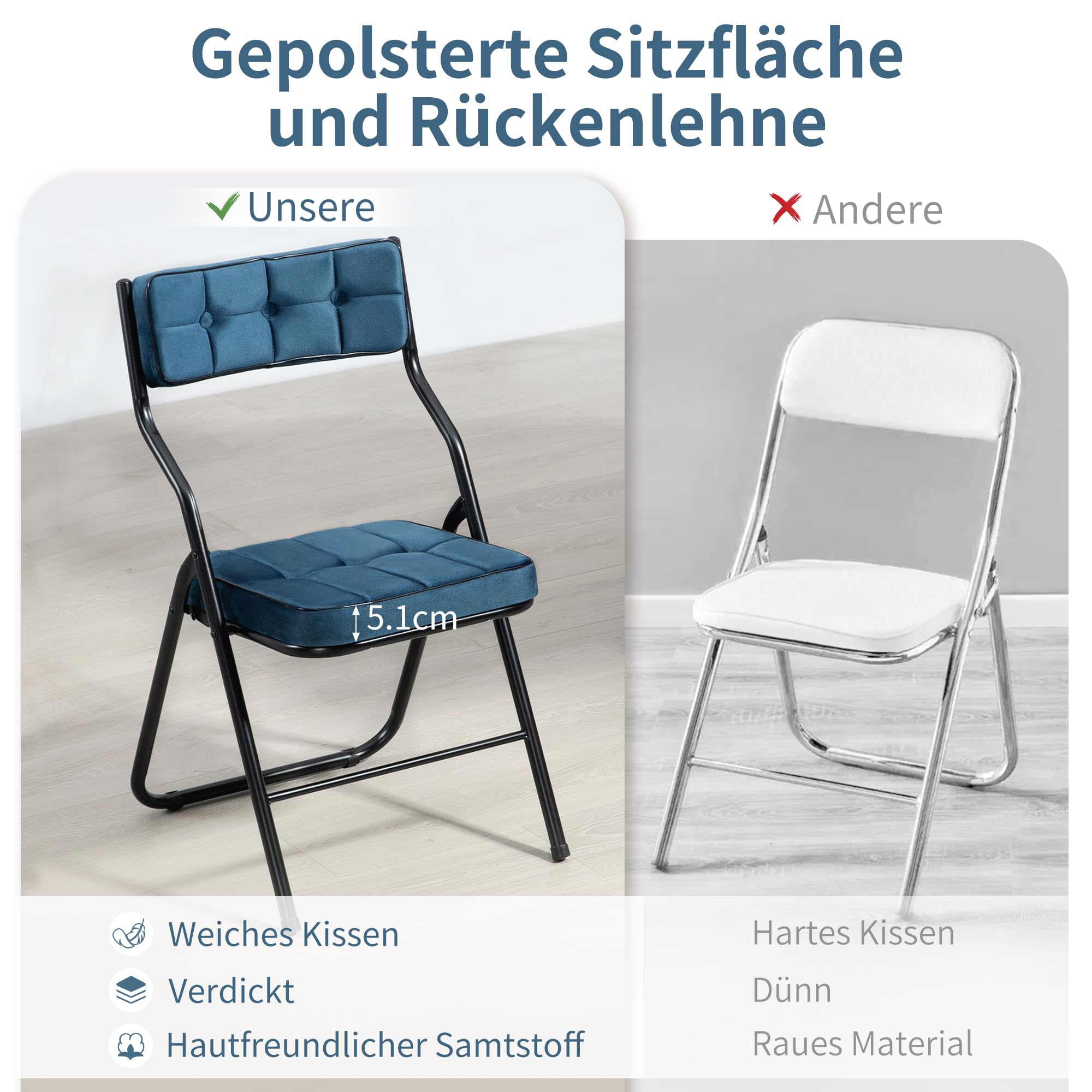 Polsterte Klappstühle 2er Set - Klappbarer Esszimmerstuhl mit Kissen, Tragbar, Vormontiert