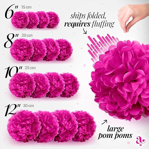 Miniatura 9 de Avoseta Pompones de papel de seda, juego de 16 piezas, varios tamaños, decoraciones de fiesta rosas para cumpleaños, bodas y ocasiones especiales