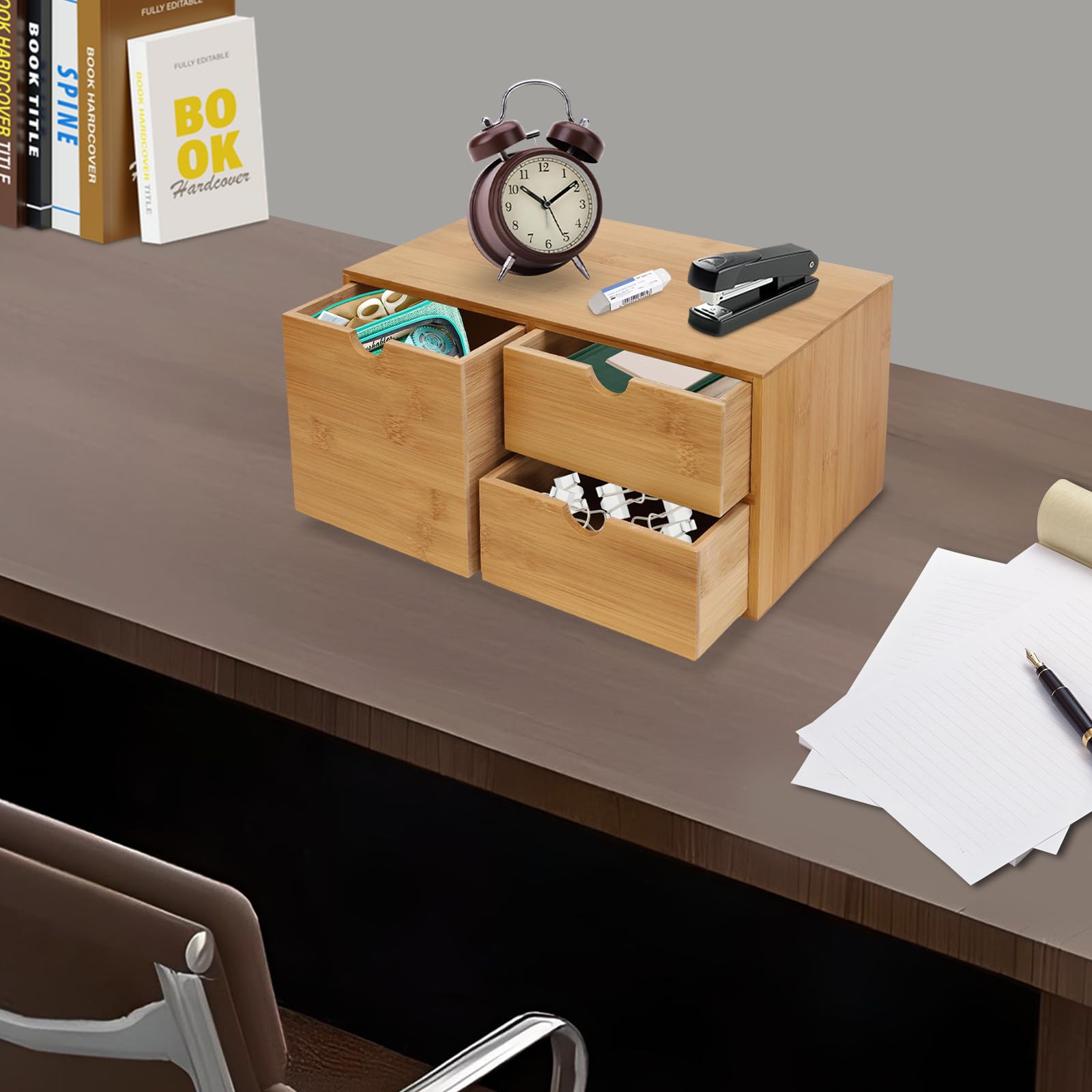Organizer da scrivania in bambù con cassetti, contenitore multifunzione per francobolli, appunti adesivi, graffette, penne, fatture, biglietti da visita, 33 x 19 x 16 cm, per un ufficio ordinato