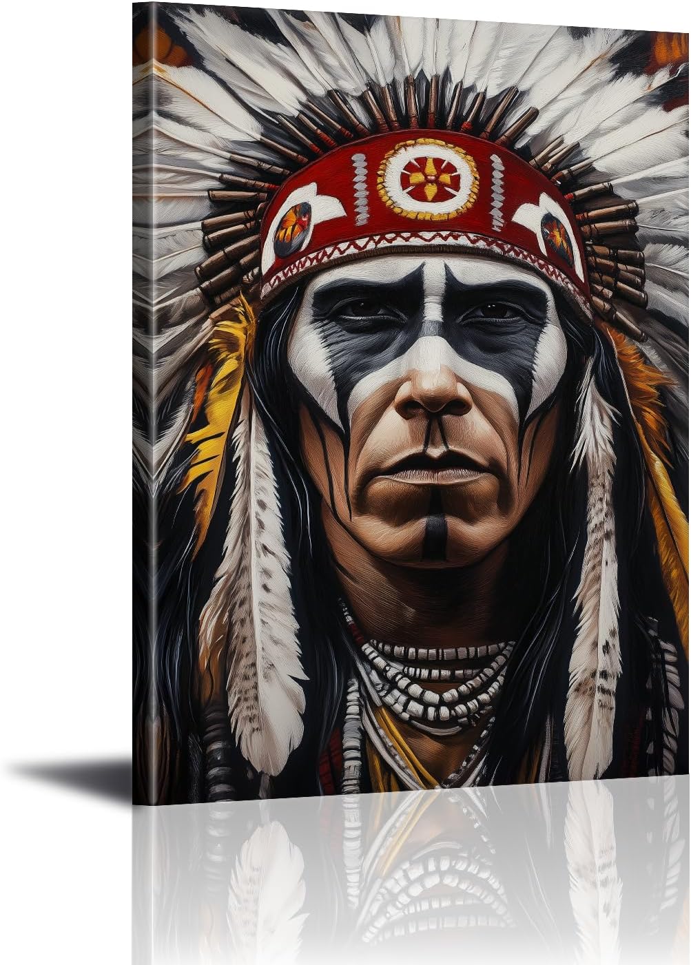 Native American Wall Art Indian Chief Canvas Print Tribal Picture Chief with Feather Headdress Poster Vintage Indian Painting for Living Room Bedroom Office Decor Framed(Nat-03,12"x18")