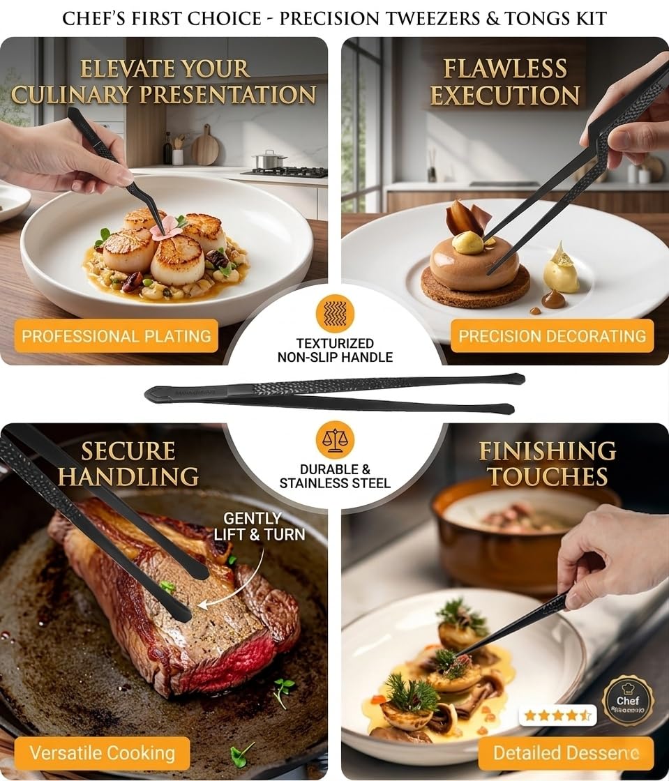 Lot de 5 pinces à épiler de cuisine, pince à épiler de chef, pince à épiler de 25,4 cm et 16,5 cm, universelle pour tous les types de cuisine, steak, placage, pâtes et beaucoup d'autres scénarios