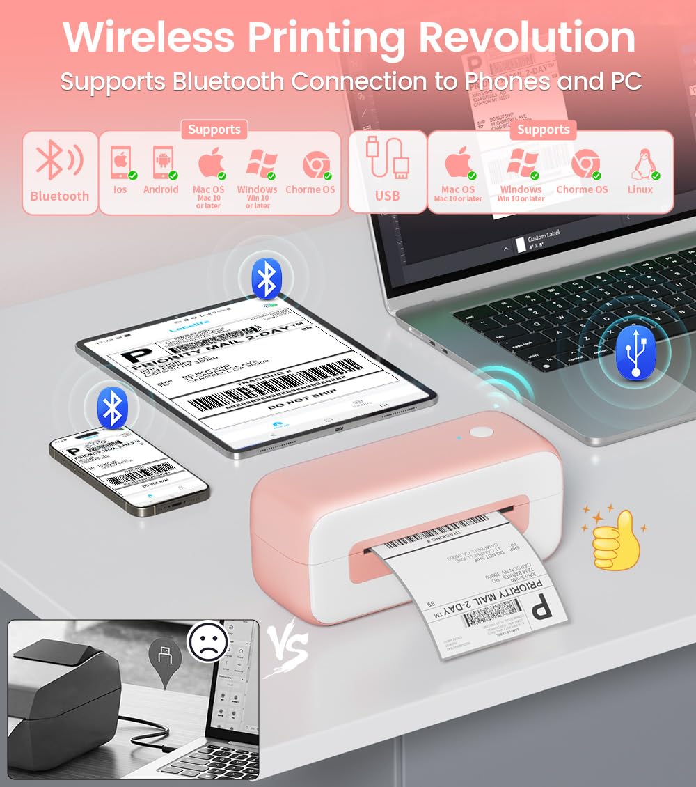 Phomemo Stampante per etichette DHL con porta etichette, 4x6 pollici per telefono/PC, stampante per etichette di spedizione, logo, indirizzo, prezzo, etichette per barattoli di spezie, rosa