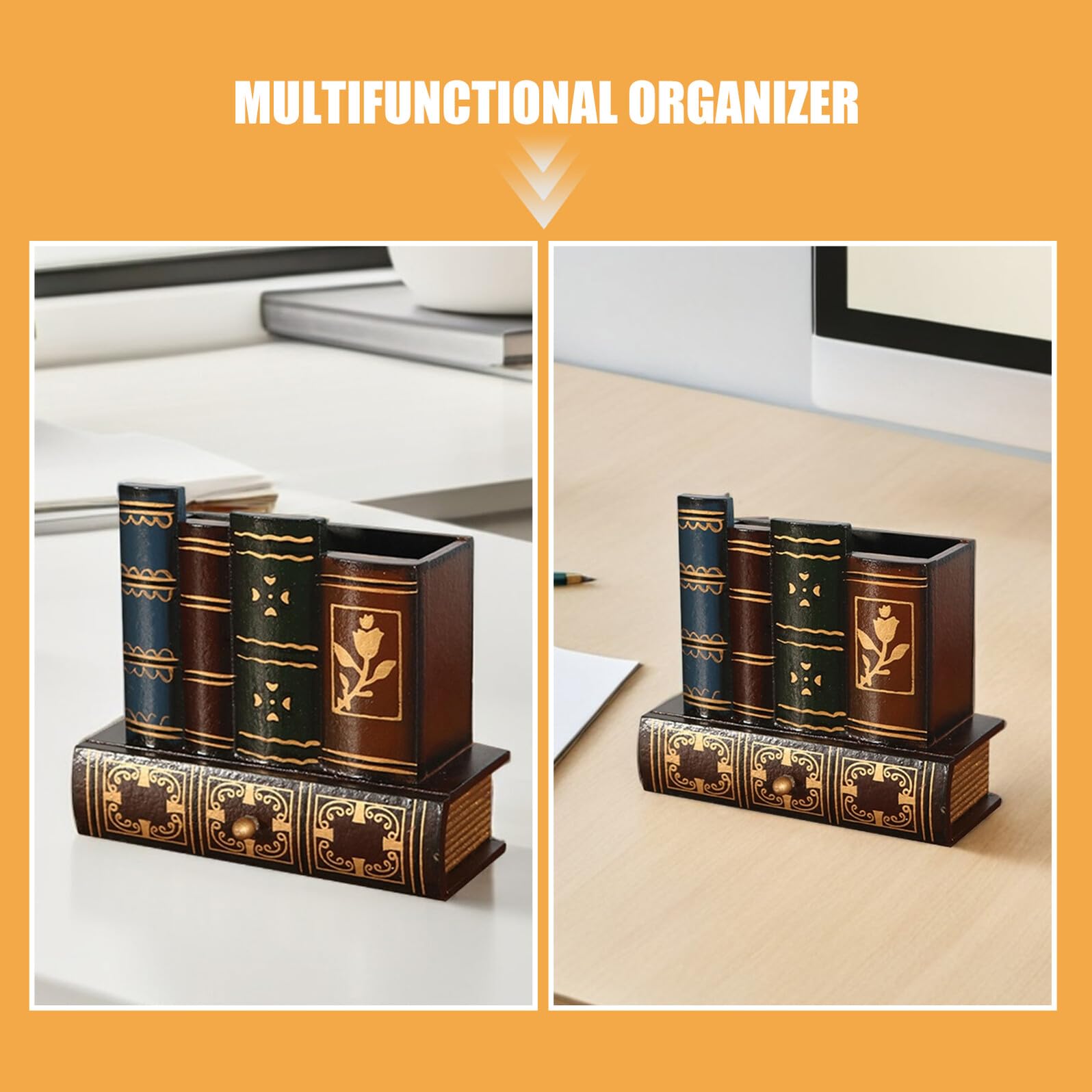 Organizer da Scrivania Elegante con Cassetto Stile Europeo in Legno Portapenne a Forma di Libro Falso Set 2 Pezzi per Ufficio e Spazio Lavoro Ordinato
