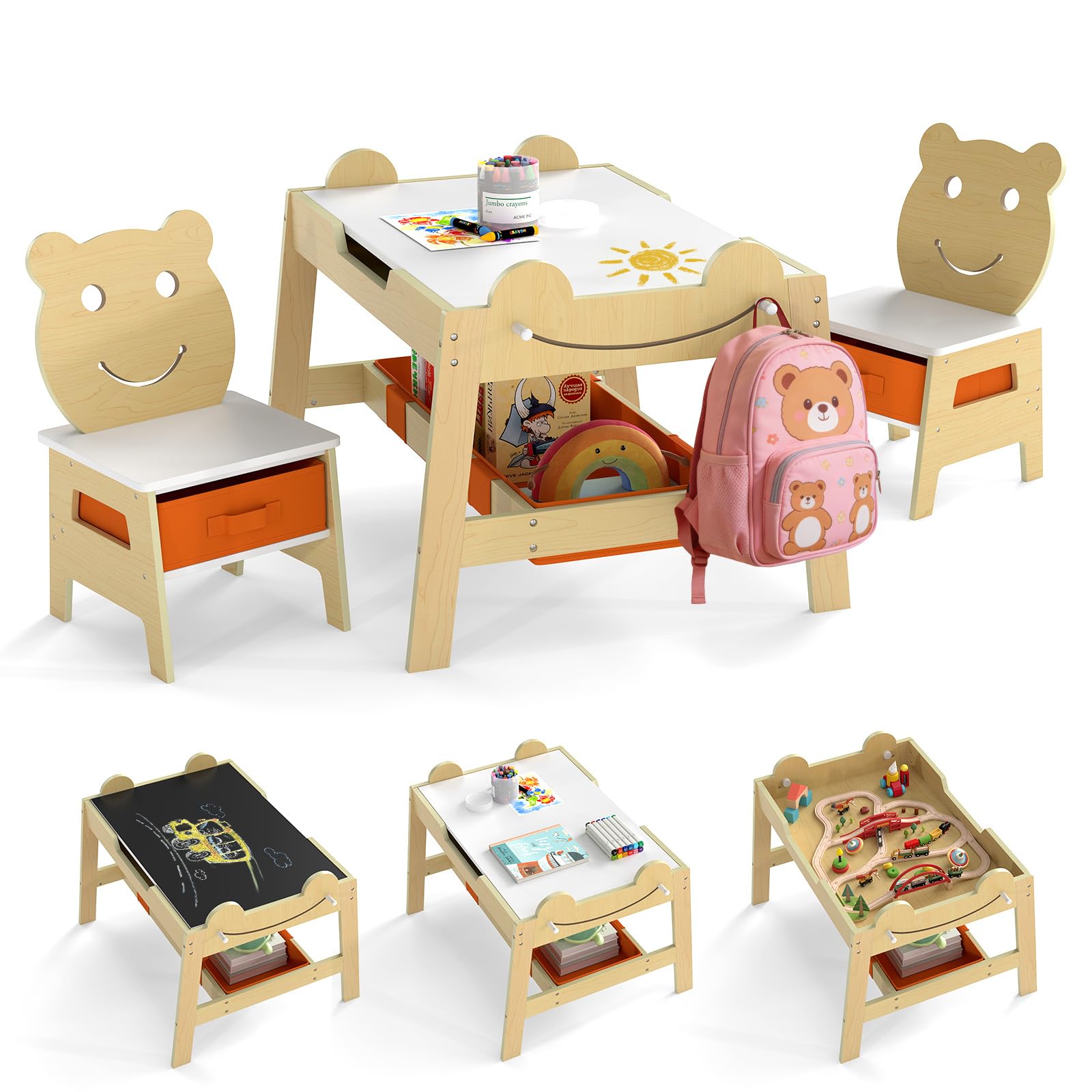 COSTWAY Set Tavolo e 2 Sedie per Bambini, 5 in 1 Tavolino e Sedie con 4 Ganci, 3 Scatole in Tessuto e Lavagna Reversibile per Bambini 3+ Anni per Cameretta Ragazzi (Naturale, Stile 5)