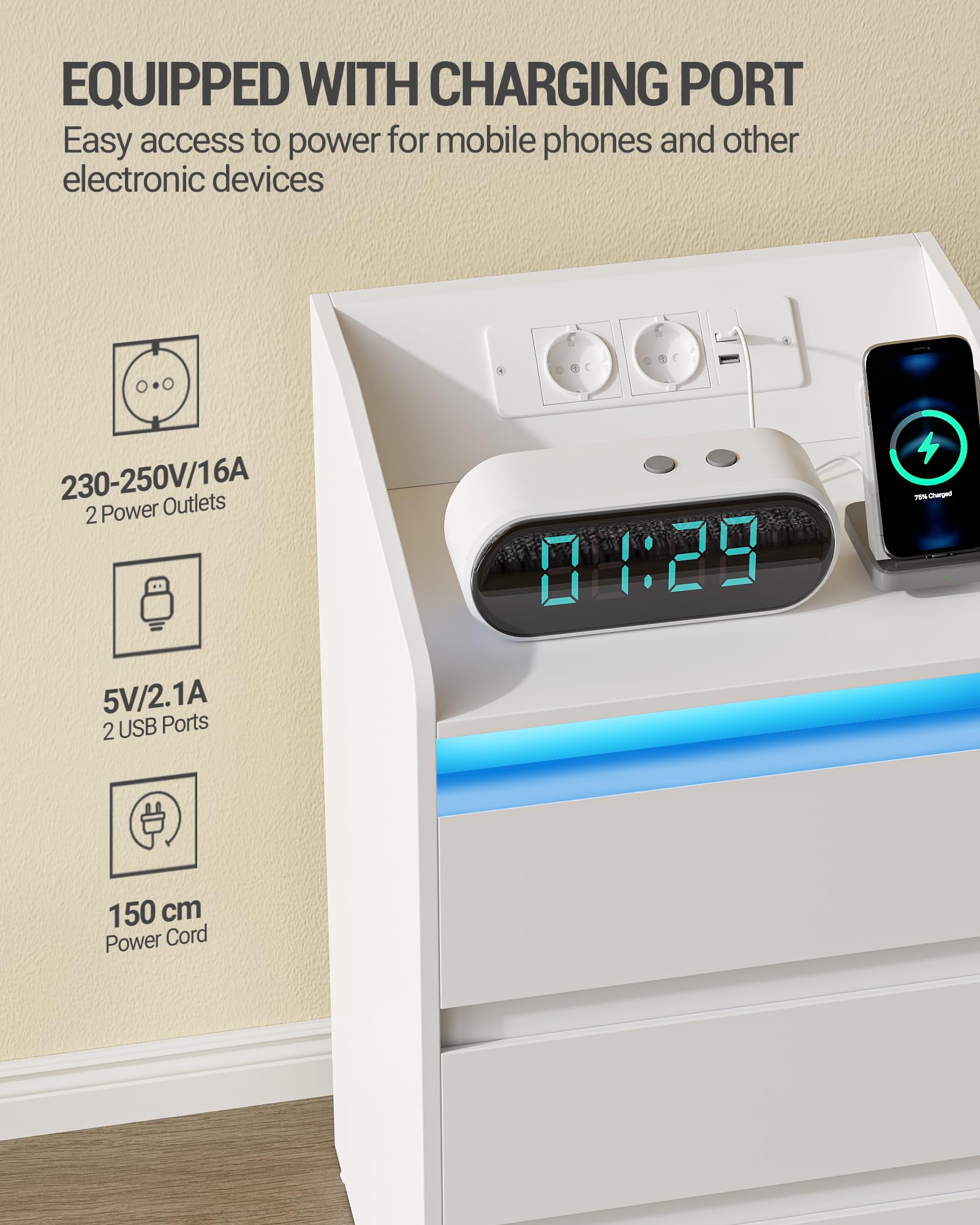 Hzuaneri Mesilla de Noche con 3 Cajones, Mesa Auxiliar con Estación de Carga y LED, 2 Tomas CA y 2 Puertos USB para Dormitorio, Salón, Blanco NS40003X