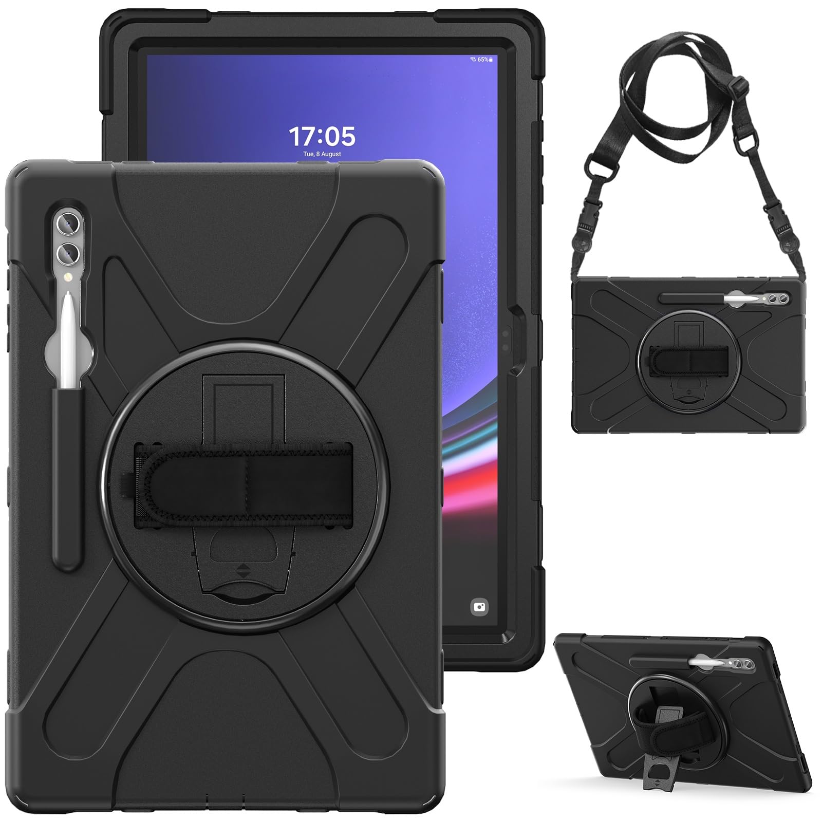 Kompatybilny z Samsung Galaxy Tab S10 Ultra 14,6-calowy futerał SM-X920 2024 uchwytem na długopis, wytrzymały, odporny wstrząsy chroniący przed upadkiem Pasek ramię Osłona ochronna dla dzieci(Noir)