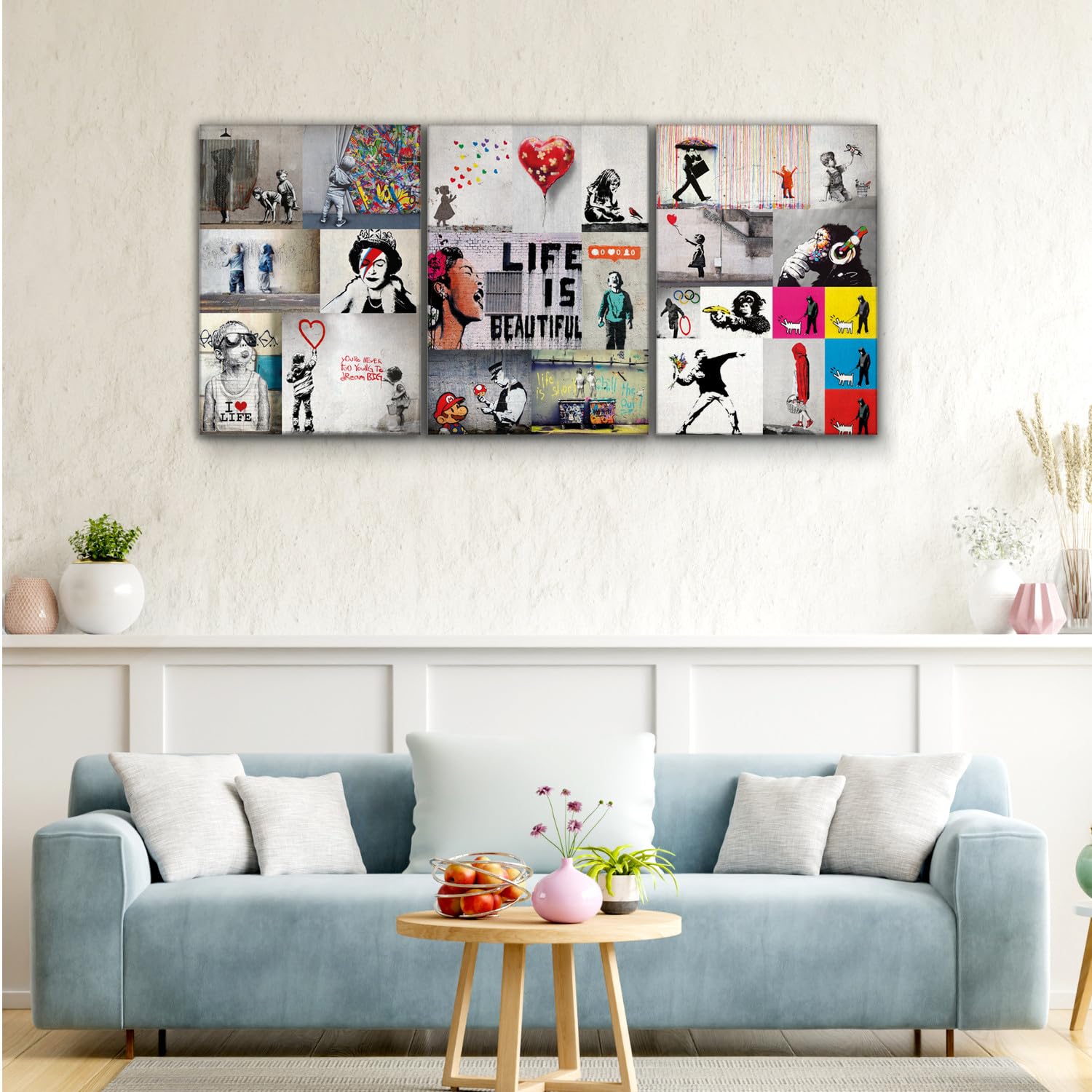 Giallobus - Quadri Grande Formato XXL - Banksy - Street Art - Collage 1 - Tela Canvas - 218x100cm | 3pcs. x 70x100cm - Pronto da Appendere - Quadri Moderni per la casa
