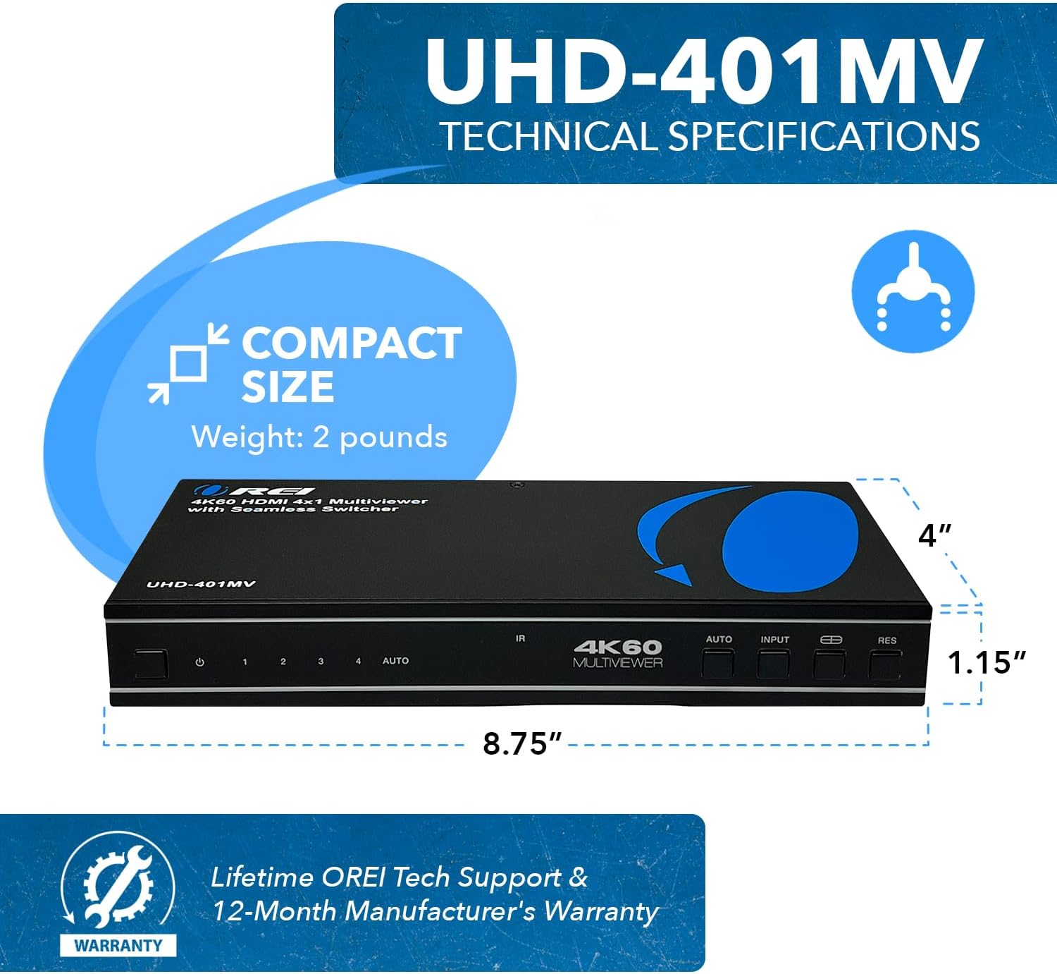 OREI 4K Multi HDMI Viewer Quad 4 in 1 Out, Switcher 4 Ports Seamless IR Remote Support 4K @ 60Hz 1080P for PS4/PC/DVD/Security Camera, HDMI Switch Optical Audio L/R Output - UHD-401MV