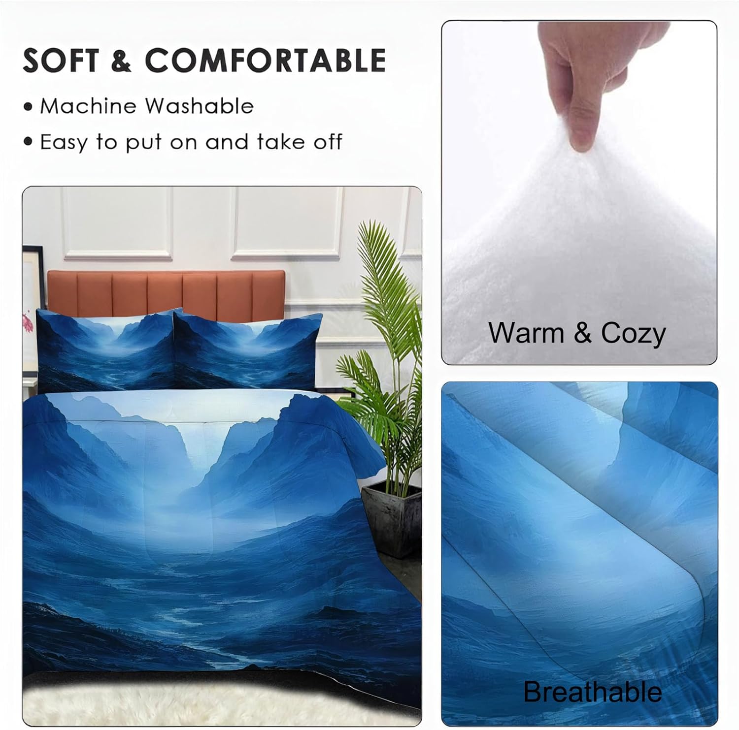 3D Misty Valley Comforter Set Queen Size Bedding Set Magic Mountains All Season Down Comforter Printed Quilted with 2 Pillow Shams for Kids, Teens, Adults 90 x 90in Dark Blue