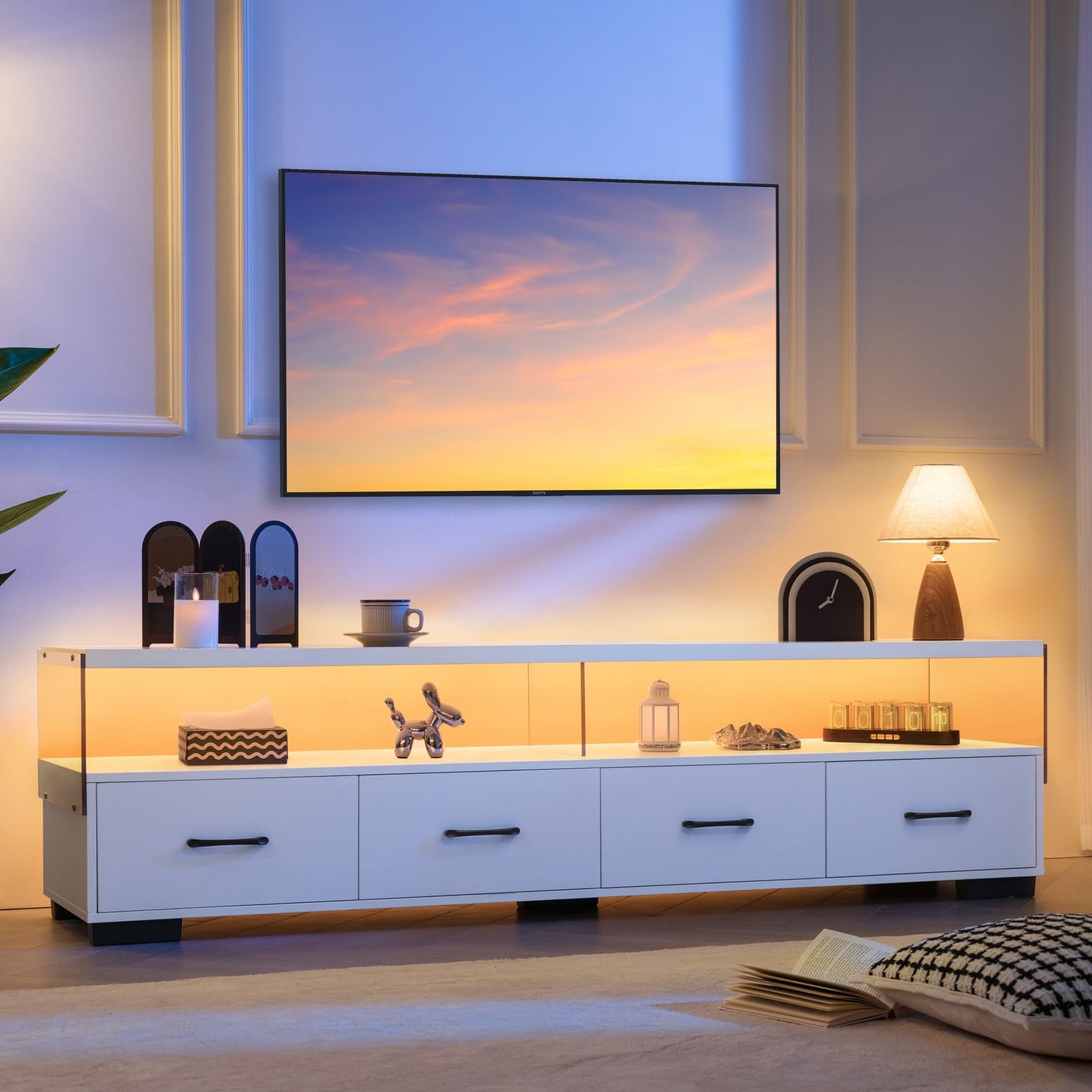 75 Inch TV Stand for Living Room, White Entertainment Center with 4 Large Drawers and Storage Shelves, 71 Inch TV Console with LED Lights
