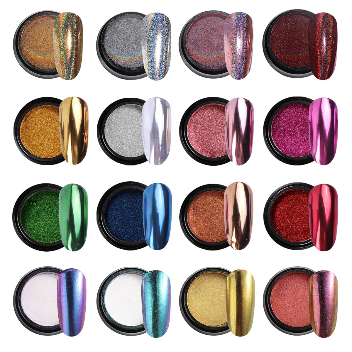 16 Colors Chrome Nail Powder Set, Metallic Mirror Effect Holographic Aurora Chameleon Pigment Glitter for Gel Polish Manicure Nail Art Decorations