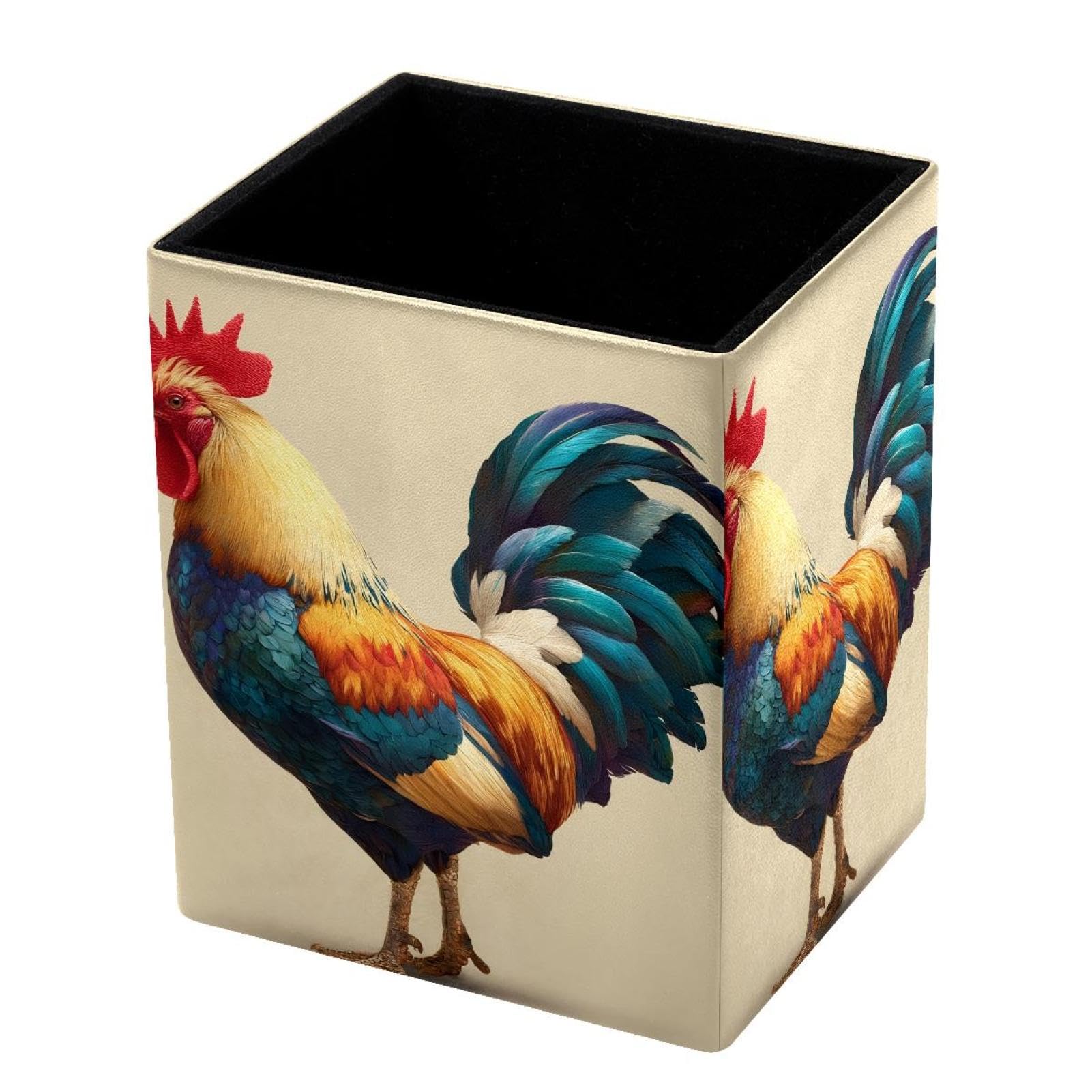 HEOEH Pen Holder for Desk, Rooster Pencil Holder Pen Organizer, PU Leather Pencil Cup Makeup Brush Holder for Home School Office Supplies