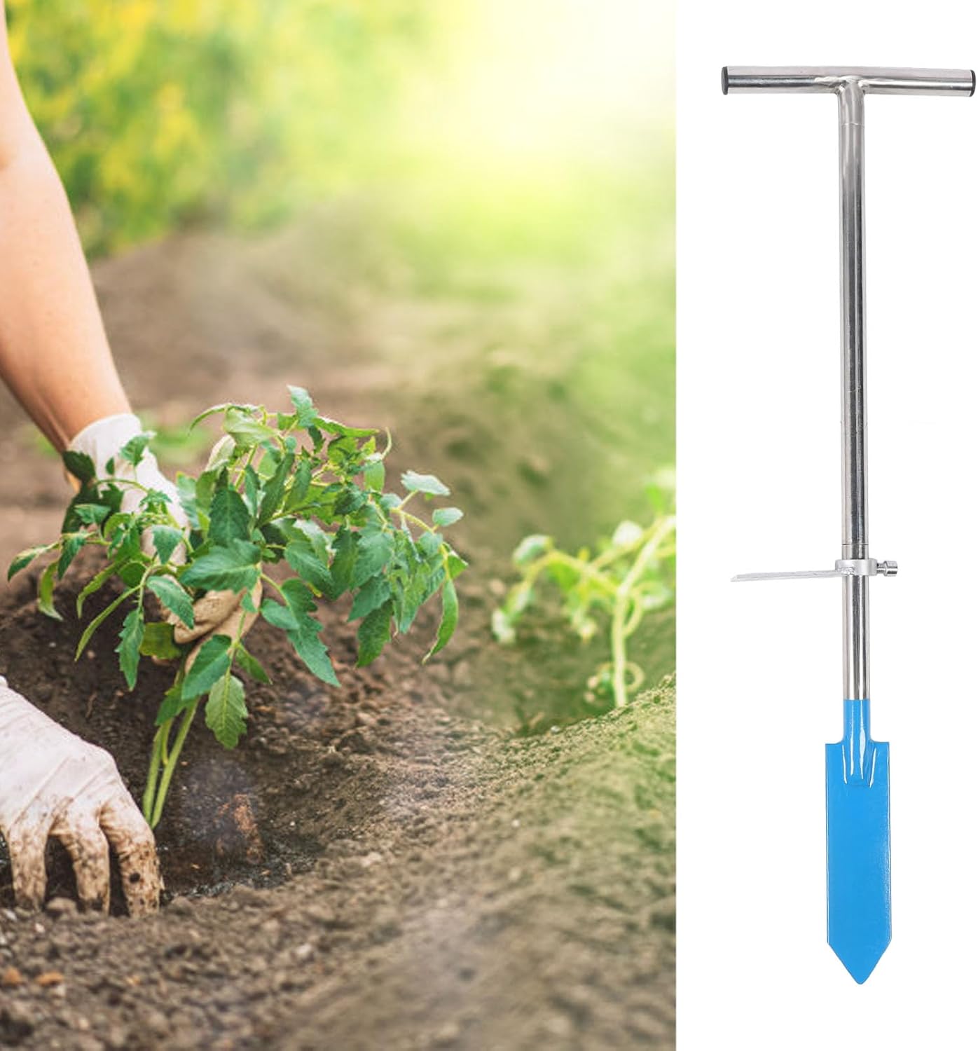 GOTOTOP Stainless Steel Dibble Bar Planting Tool with T Handle, Long Dibble Spade Shovel for Tree Planting, Detachable Design for Agricultural and Forestry Needs
