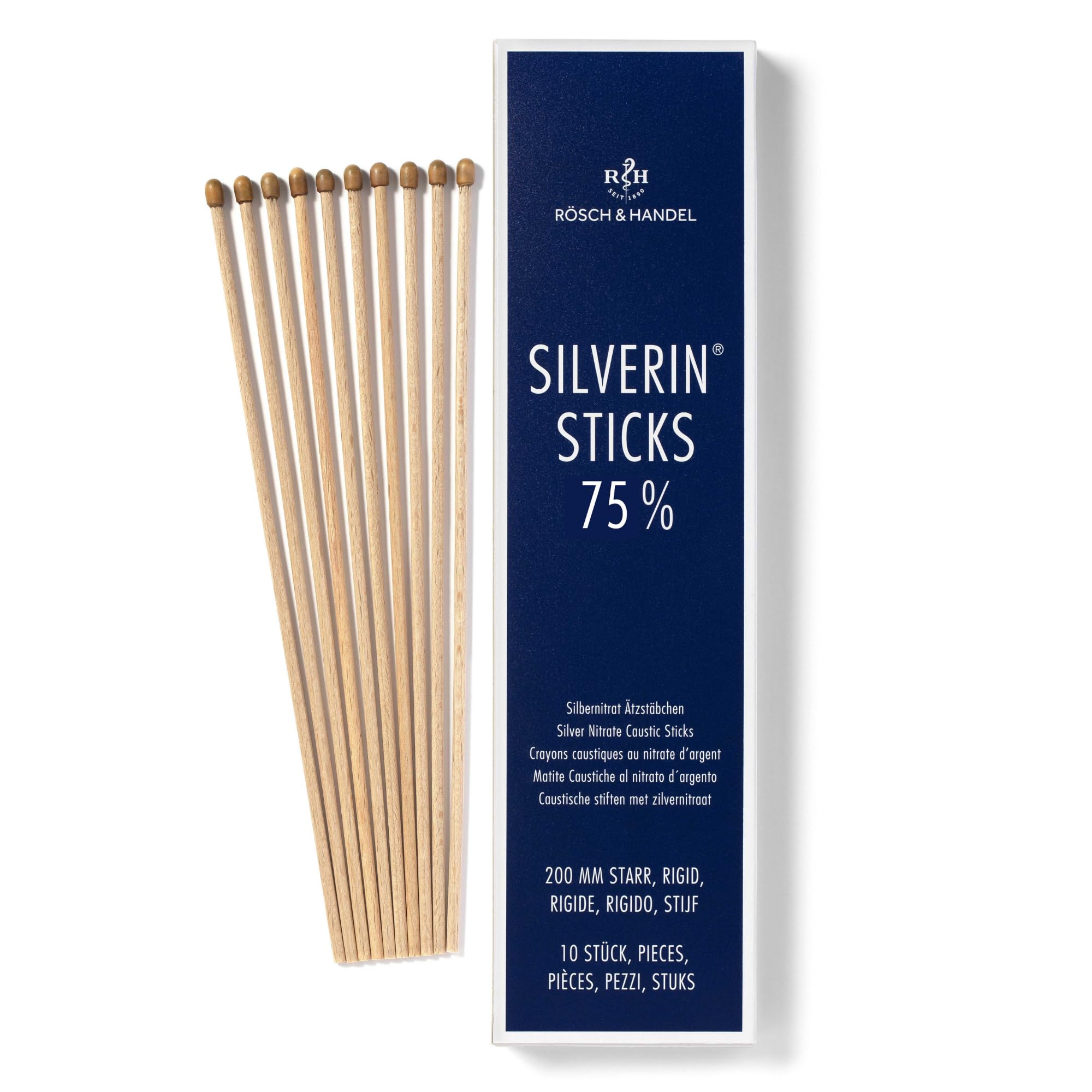 Silverin - Palillos de cáustico de nitrato de plata, nitrato de potasio, para cáusticos de piedra infernal, 10 unidades, 75 %, para verrugas, carne silvestre, por ejemplo, piercings, aftas, hemostasia