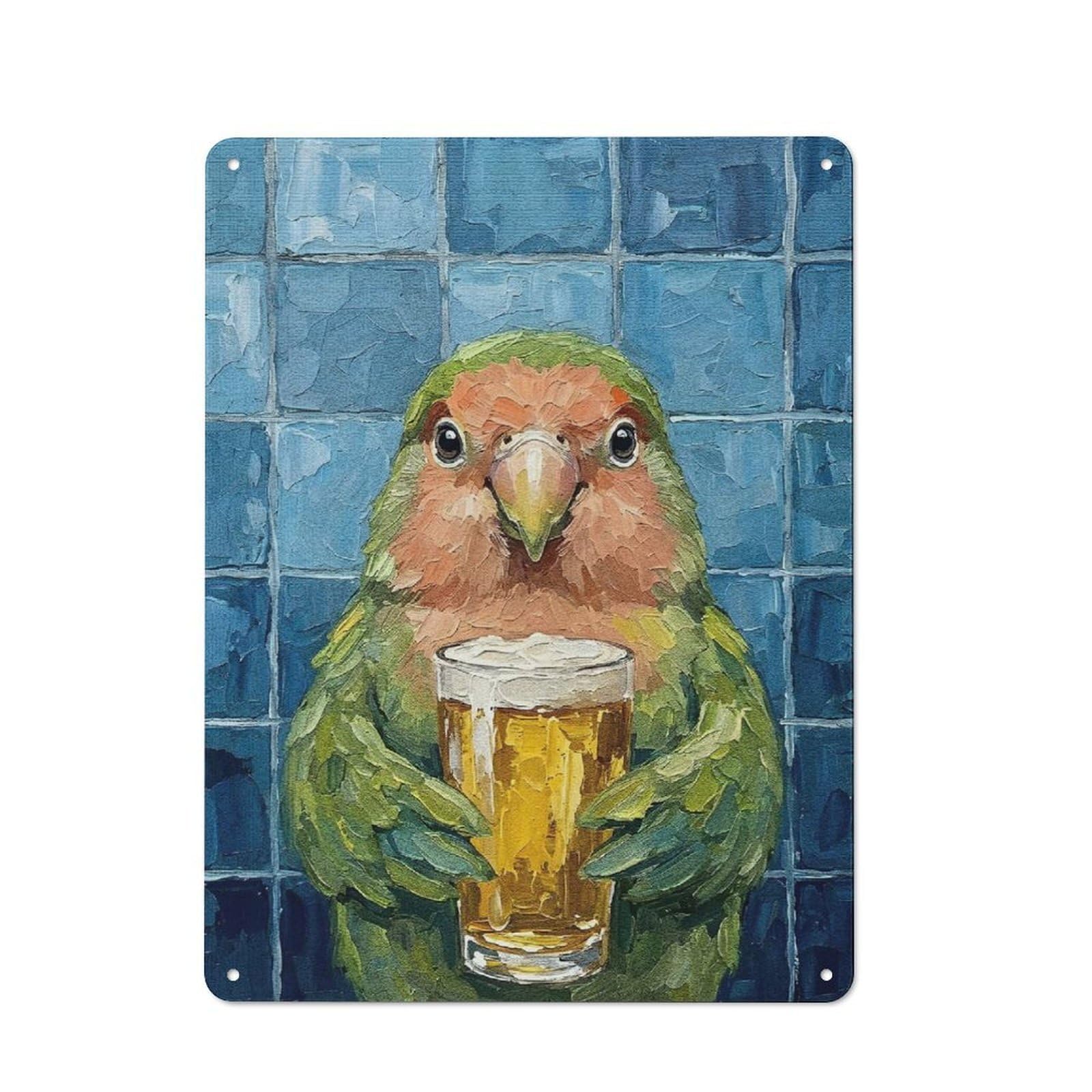Garage Style Parrot with Beer Painting Decorative Metal Plaque 40x30cm, Garage Wall Decor for Workshop, Basement, Shed Or Games Room