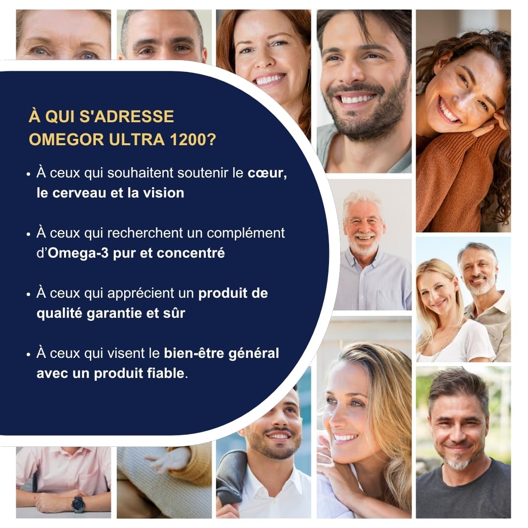 OMEGOR ULTRA 1200 – Supplément alimentaire avec 1200 mg oméga 3 - Fondamental pour le cœur, l'esprit et la vue - Huile de poisson pure - Concentration maximale de capsules oméga 3 – 60 gélules