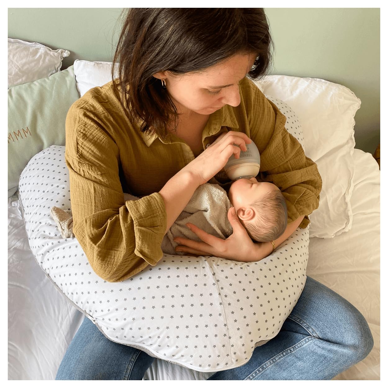 Coussin de maternité et d'allaitement éponge gris/étoiles