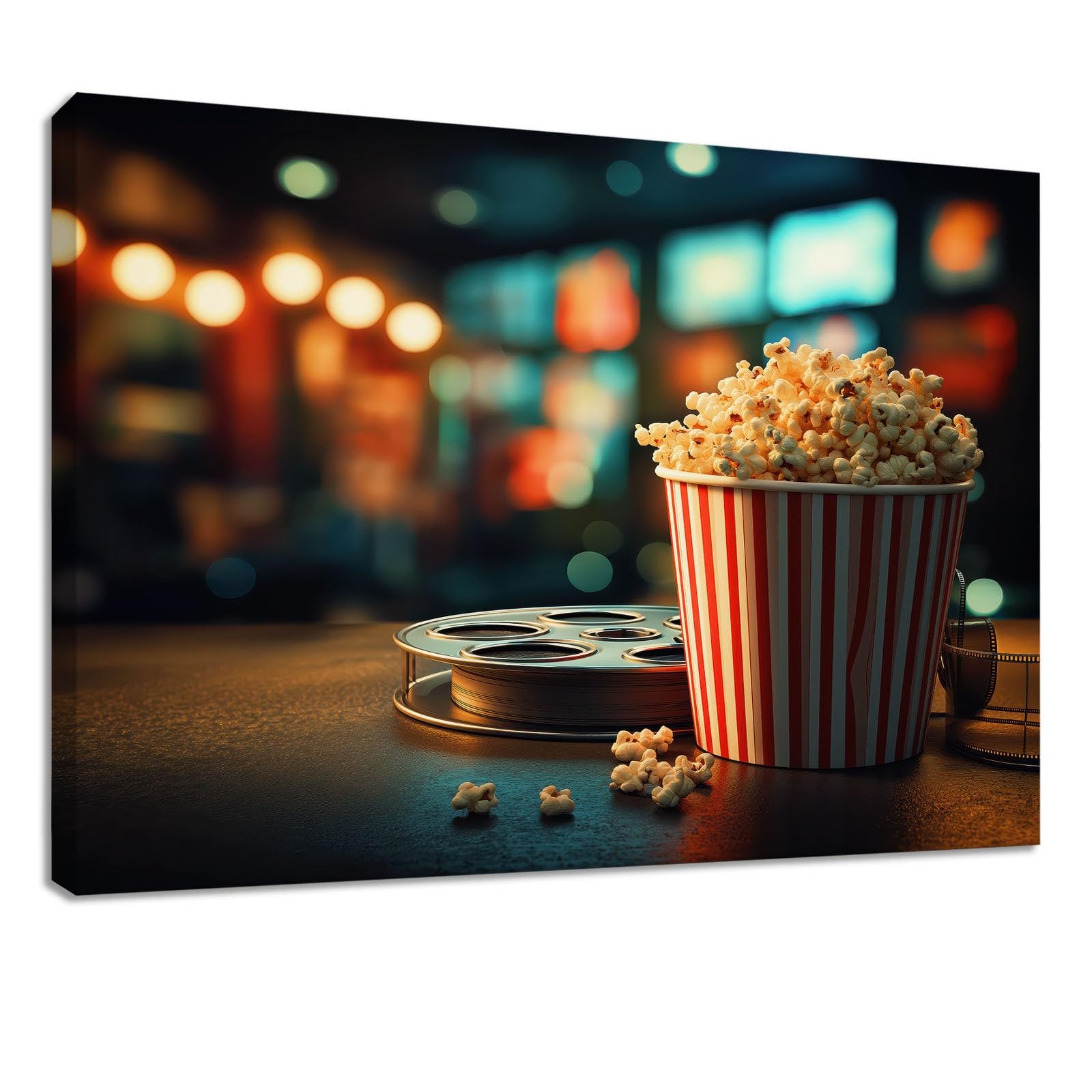 Leinwandbild 120 x 80 cm Wandbild Retro - Bild auf Leinwand mit Braun Film Popcorneimer, Wanddeko für Wohnzimmer, Schlafzimmer, Büro Deko Zimmer