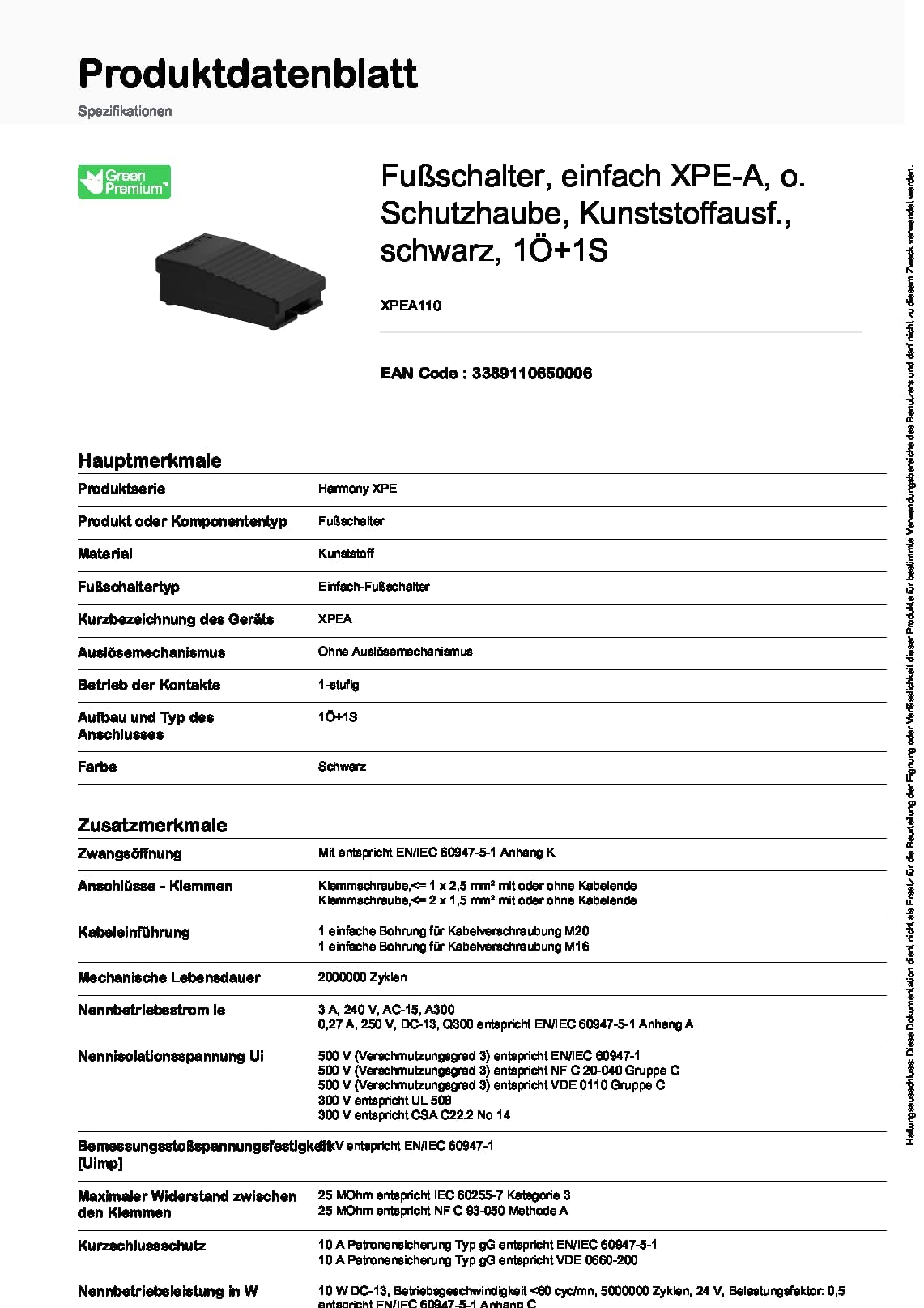 Schneider Electric XPEA110 Interruptor Pedal 1 NA.NC, Negro