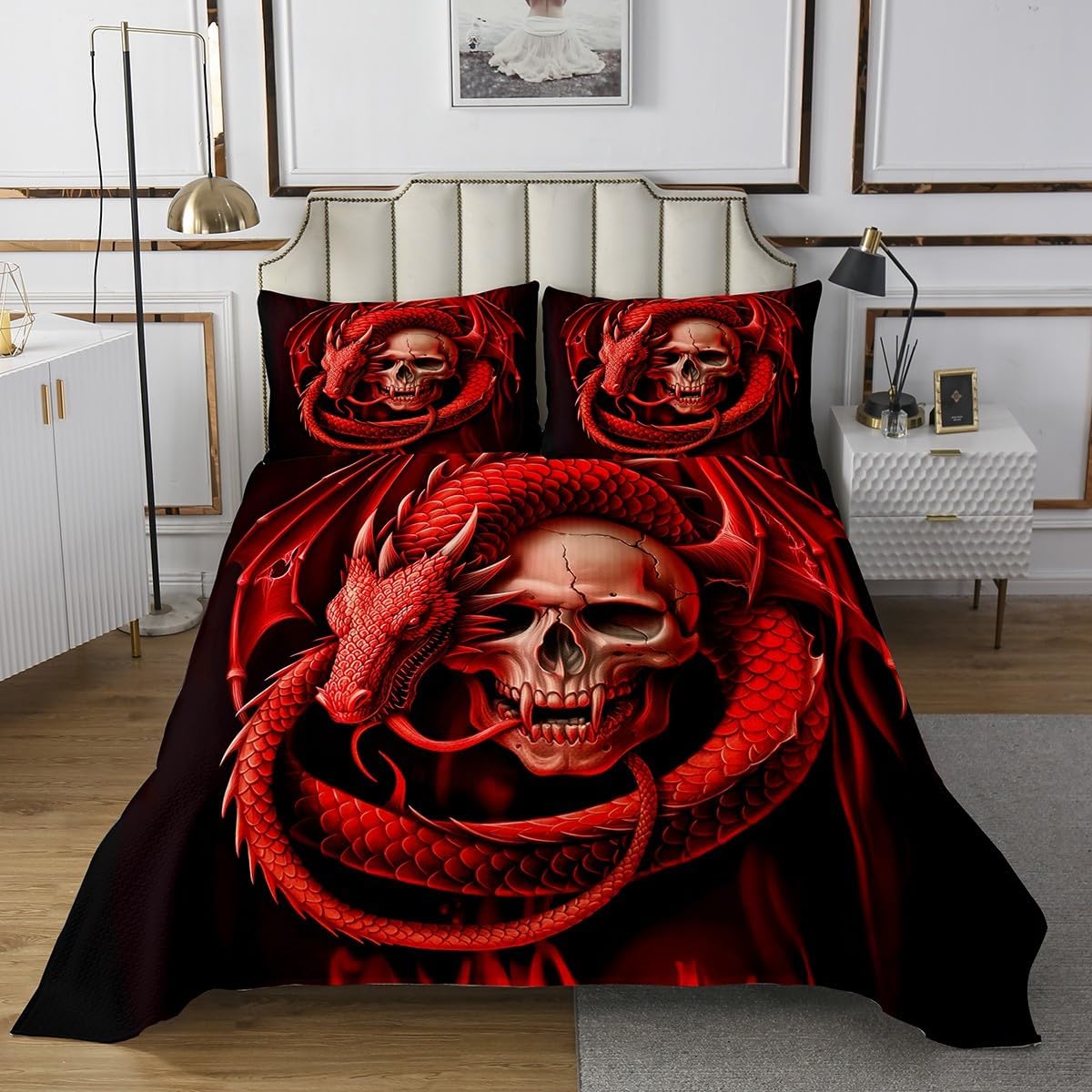 Erosebridal Sugar Skull Bedding Set Skull Skeleton Queen Quilt Set,Dragon Animal Coverlet Set Black Red Bedspread Quilt Gothic Style Quilt Bedding Set Halloween Bedroom Decor for Kids Boys,Cozy