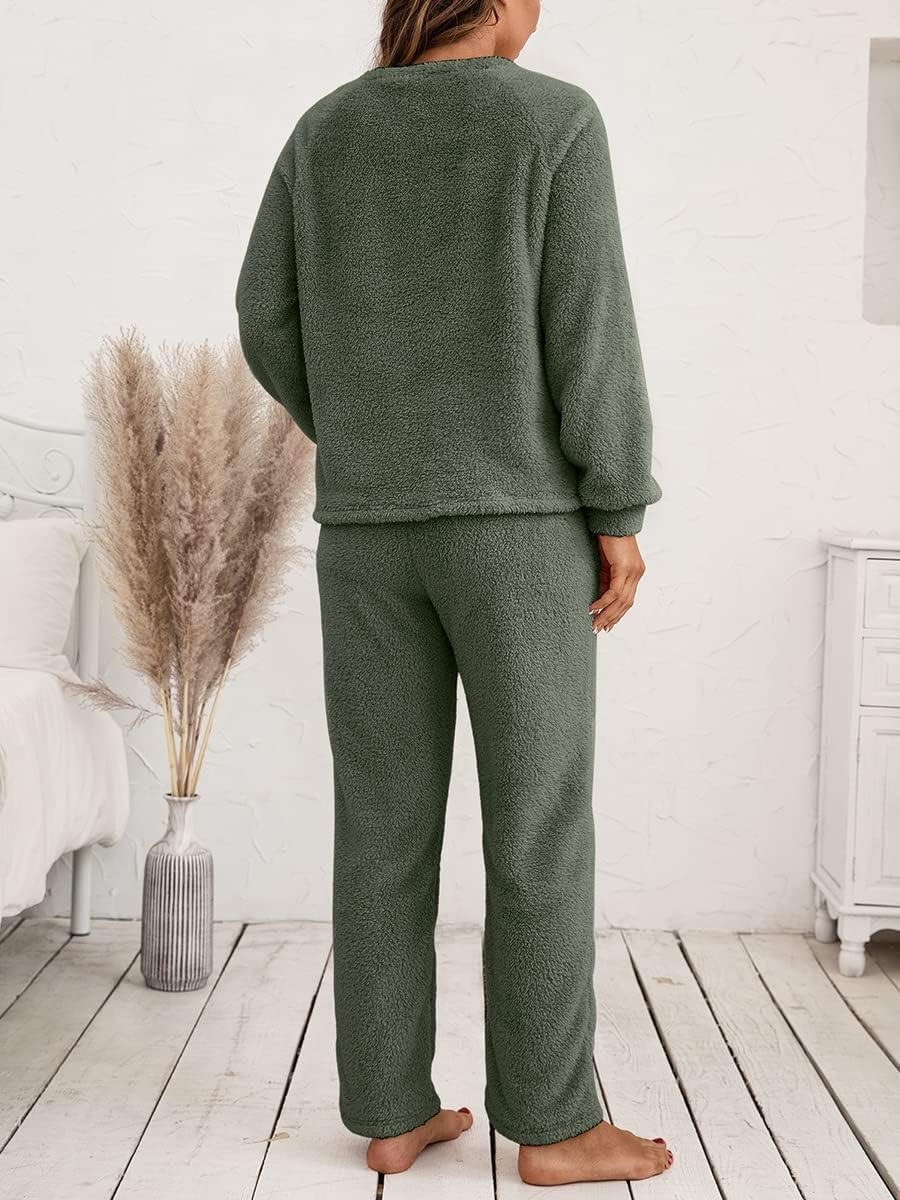 Generisch Ensemble pyjama pour femme en polaire à manches longues - Pyjama deux pièces pour l'hiver - Vêtement de nuit chaud avec pantalon de pyjama et haut