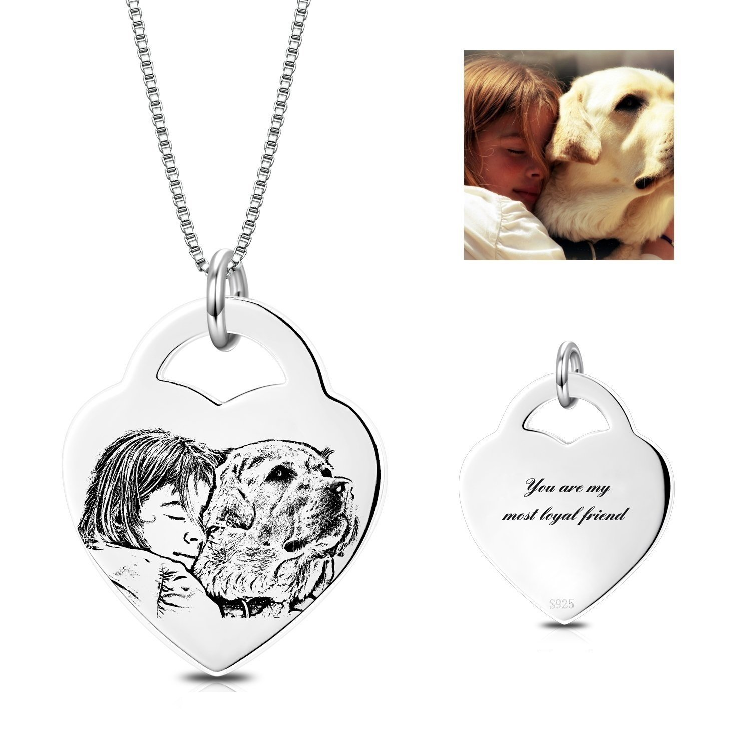 Personalized Photo Necklace Sterling Silver Custom Pet Dog Cat Picture Heart Pendant Tag Necklace for Daughter Mother Father's Day Teacher Gift