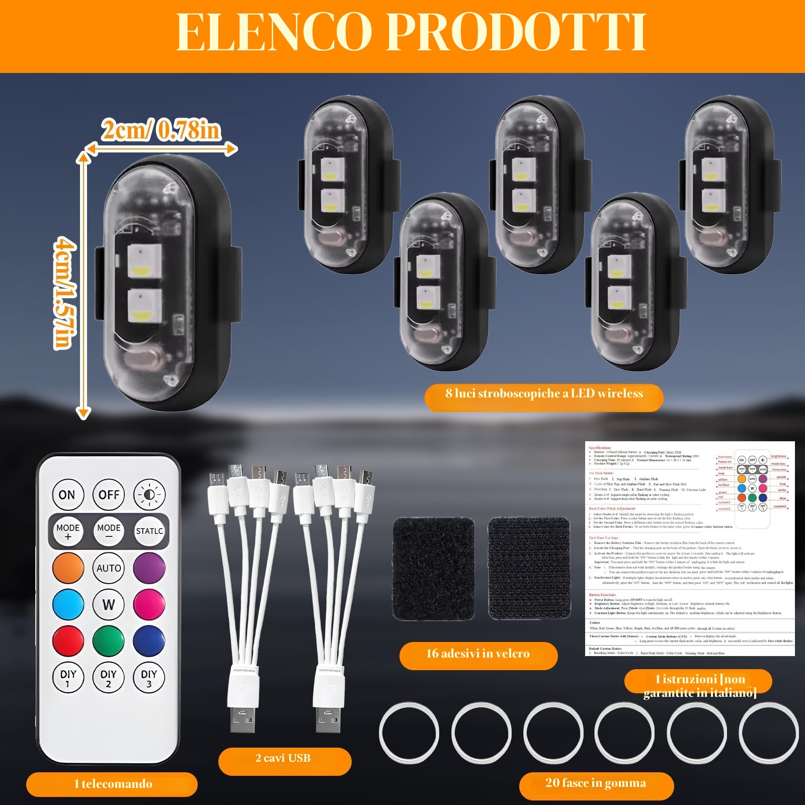 8 Pezzi Luci a LED Senza Fili, Luci Led Moto 8 Colori con Telecomando, Ricarica USB, Impermeabile IP65
