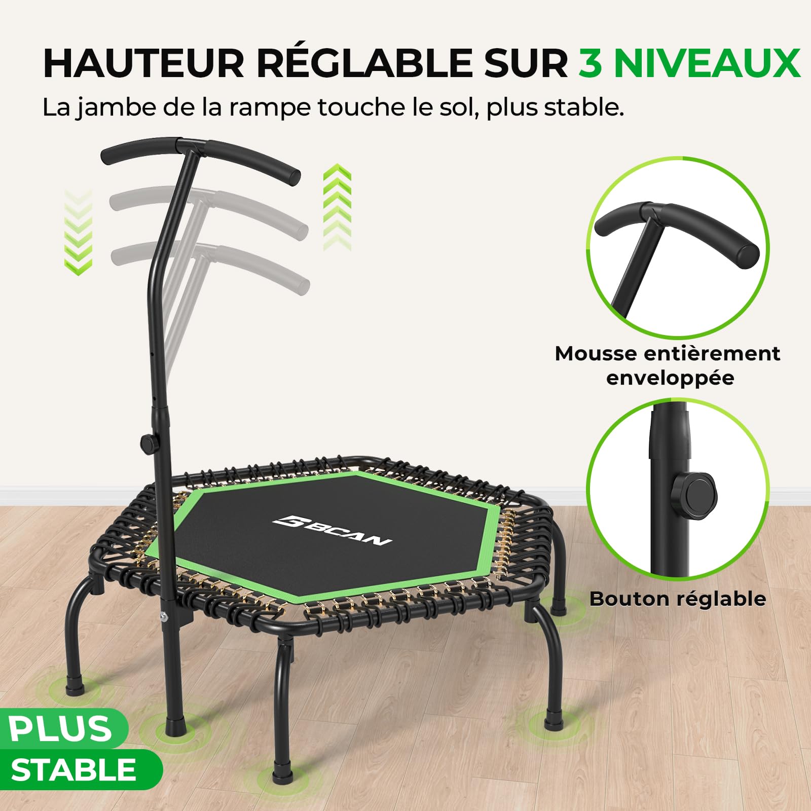 Trampoline d'intérieur BCAN Fitness, diamètre Ø 102/122/130 cm, Mini Trampoline à élastiques/Ressorts, Convient aux Adultes jusqu'à 204/250 kg, avec poignées réglables, Silencieux.