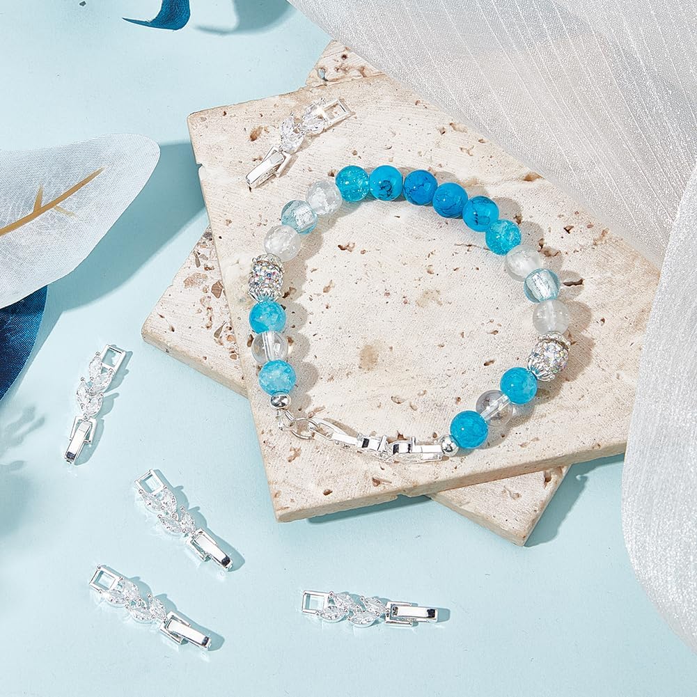 Beebeecraft 1 Box 6Pcs Bracelet Extender Clasp Leaves Shape Cubic Zirconia Silver Fold Over Clasps Watch Band Extension Clasp for Jewelry Making (1.22 inch/31mm) - Image 4