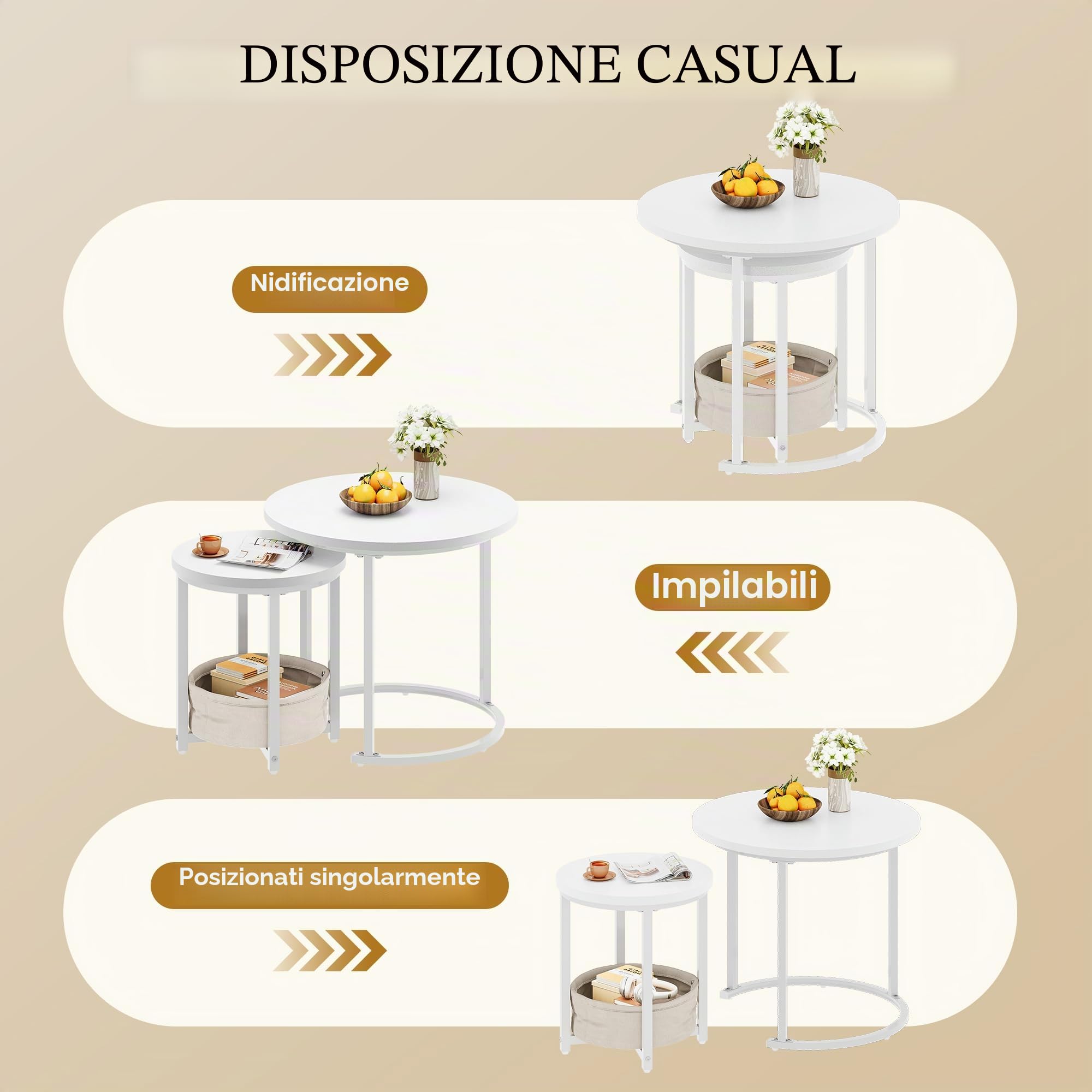 YITAHOME Set di 2 tavolini da salotto, rotondi, moderni, con borsa in tessuto, impilabili, con piano in legno e telaio in metallo, per soggiorno, ufficio, casa