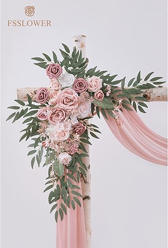 Miniatura 9 de Fsslower Kit de flores de arco de boda con cortina (paquete de 3)  2 guirnaldas de flores artificiales con 1 tela drapeada para decoración de