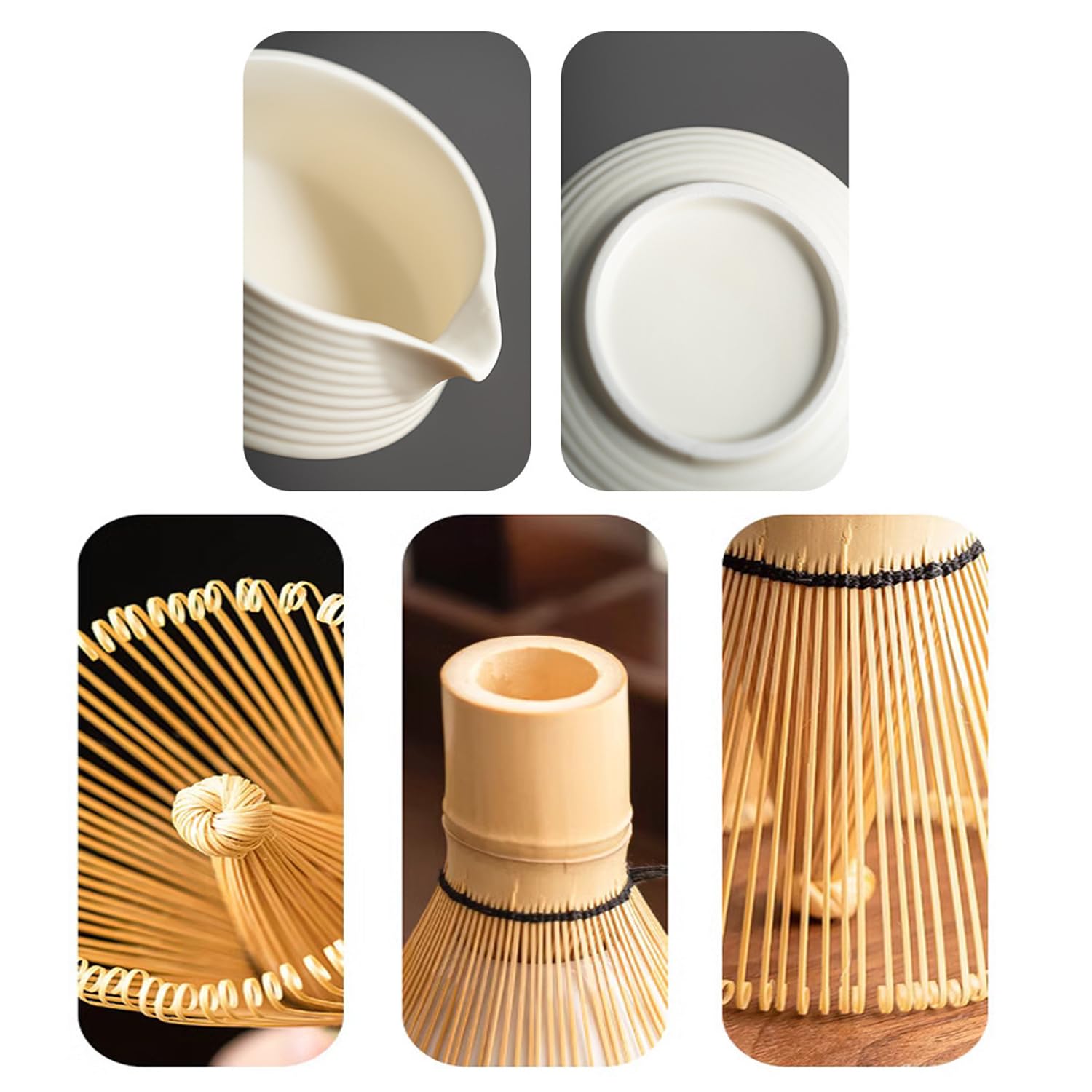 Matcha Tea Set Beige Weiß,7 Piece Matcha Besen Set, with Matcha Whisk, Matcha Broom,Matcha Schale,Matcha Bowl with Spout,Matcha Besen Halter,Bamboo Spoon,Perfect Matcha Starter Set,Japanisches Tee-Set