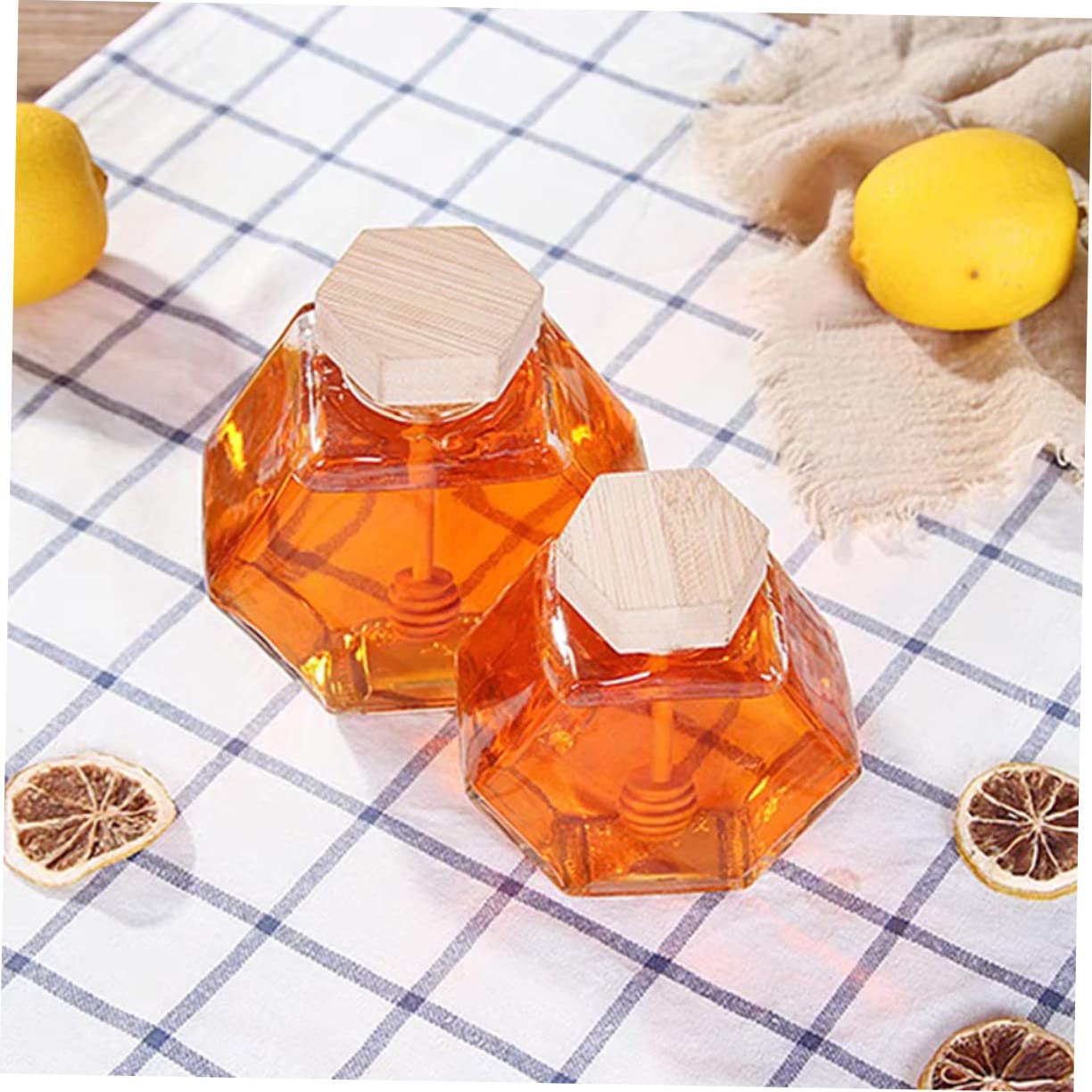 NAMOARLY Honey Pot To Go Food Containers with Lids Syrup Honey Dispenser Jars with Lids Honey Containers Syrup Honey Container Honey Storage Dispenser Glass + Wood Transparent re-usable