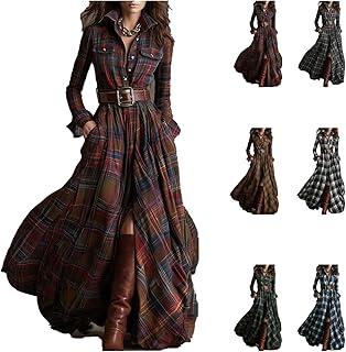 Plaid Maxi Dress for Women,Long Dress Vintage V-Neck Long-Sleeve Pastora...