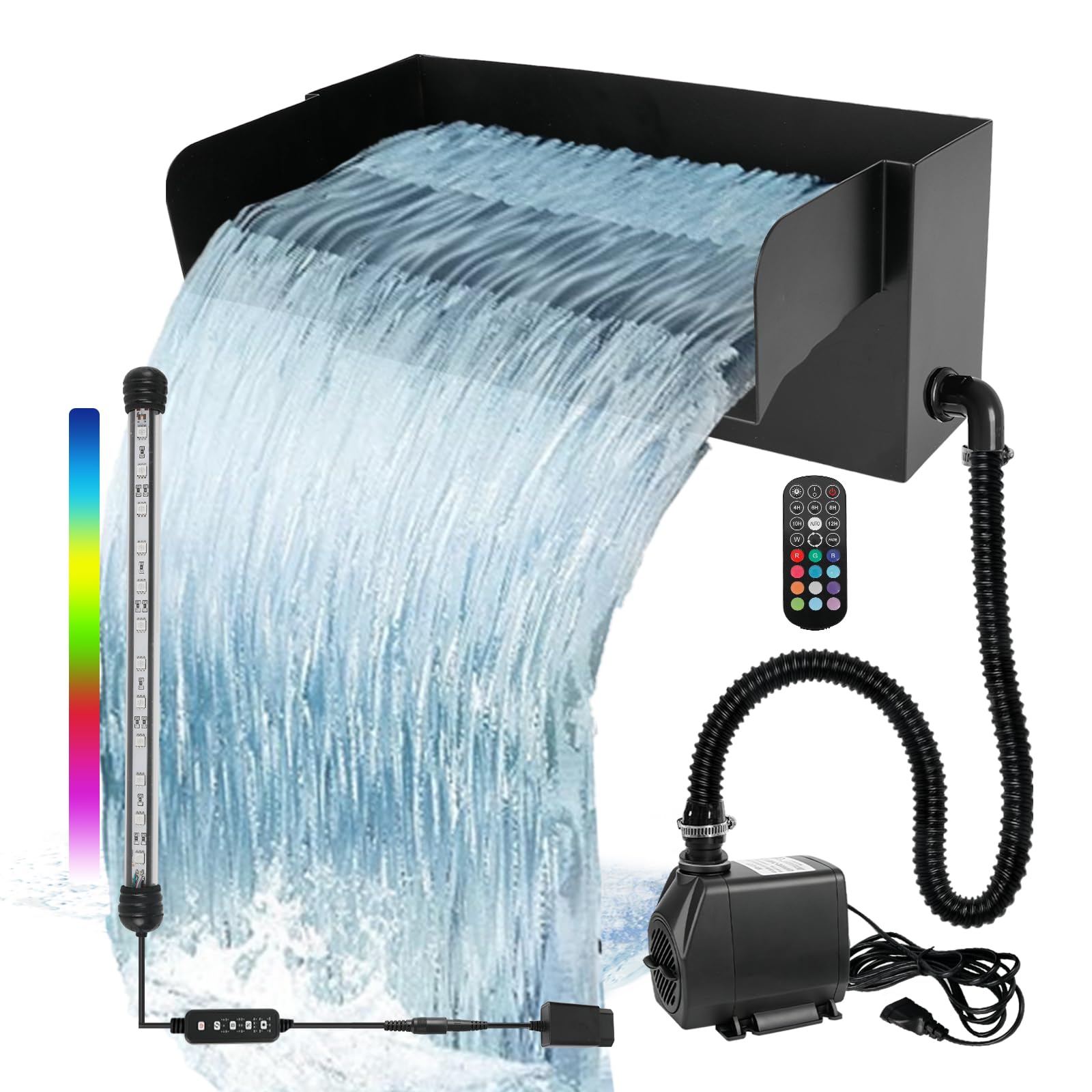 Teichwasserfall Überlauf für Gartenteiche, 20 cm Edelstahl Überlauf Teichbrunnen-Set mit 45W 3000L/H Pumpe für Teich, Pool, Garten, Terrassendekoration