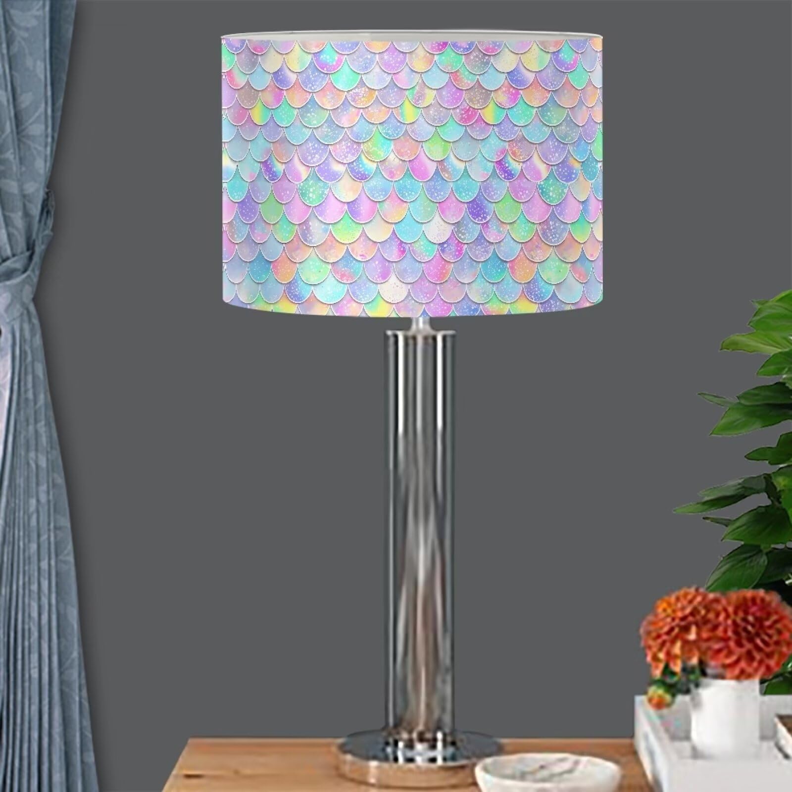 Xoenoiee Colored Mermaid Scale Print Lampshade for Floor Light Table Lamp, Pendant Light, Home Decor PVC Drum Lamp Shade European, UNO, Spider, Small