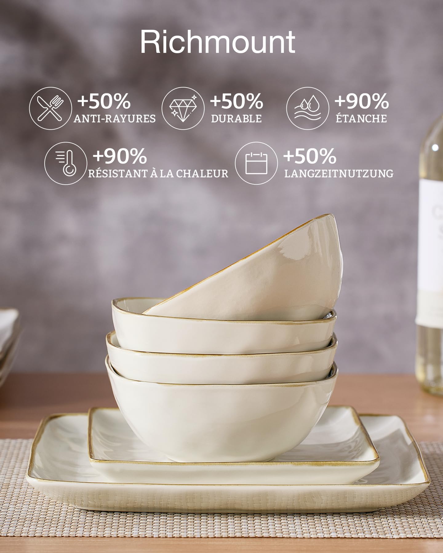 Richmount Ocean Service de vaisselle 18 pièces pour 6, assiettes, Beige | Service vaisselle, assiettes et bols, glaçure réactive, compatible micro-ondes et lave-vaisselle, anti-rayures