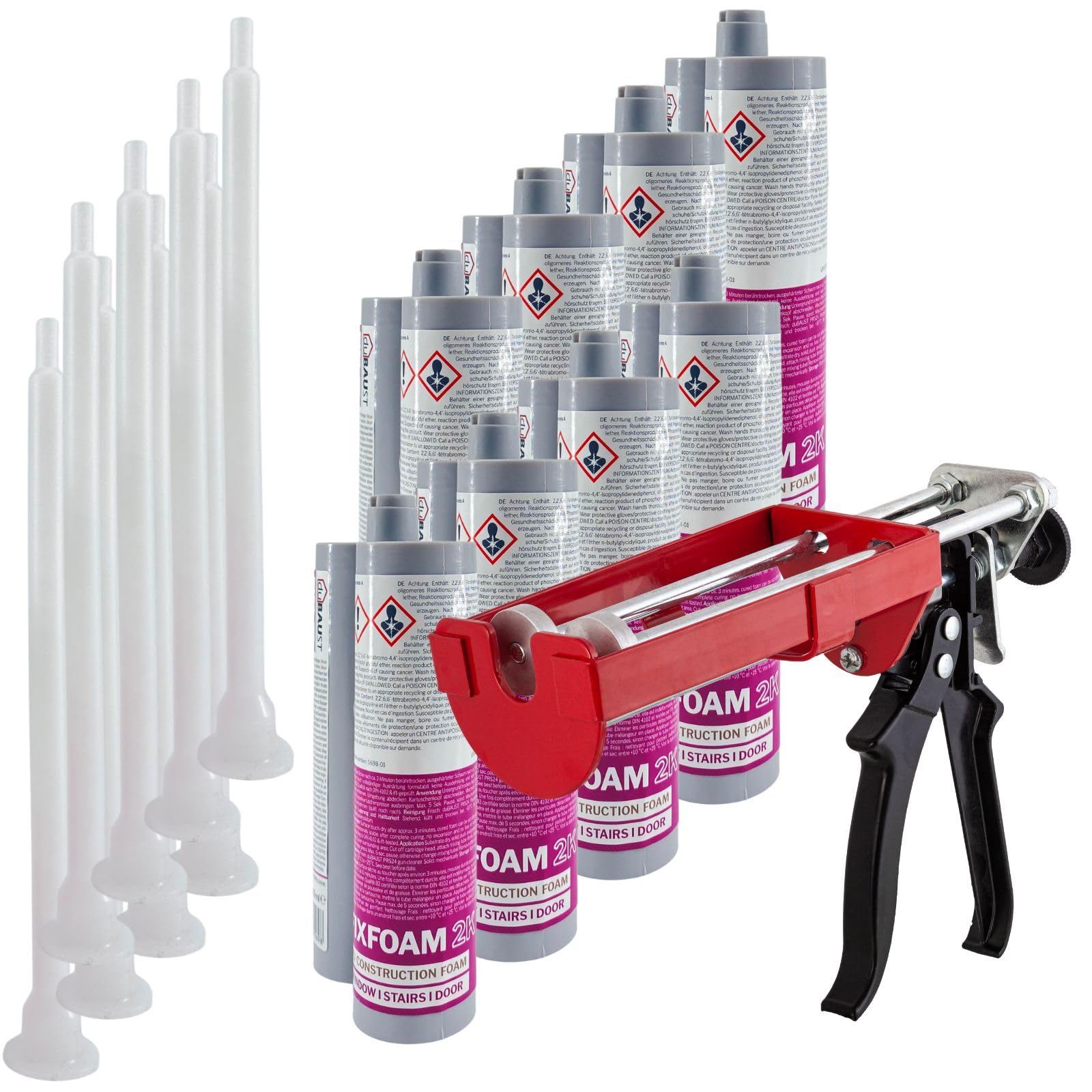 ZAK24 FIX 2K Zargenschaum, Türenschaum, Montageschaum, PU-Montageschaum, für Türzargen, Treppenstufen & Hohlräume 210ml Doppelkartusche (mit 2K Kartuschenpresse, 8x 210ml)