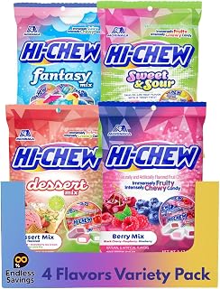 Hi Chew Candy Variety Mix, Pack of 4 Bags – Flavor Assortment of Soft & Chewy Fruit Candy – Includes Fantasy Mix, Sweet & Sour, Berry, and Dessert Flavors – Individually Wrapped for Sharing & Snacking