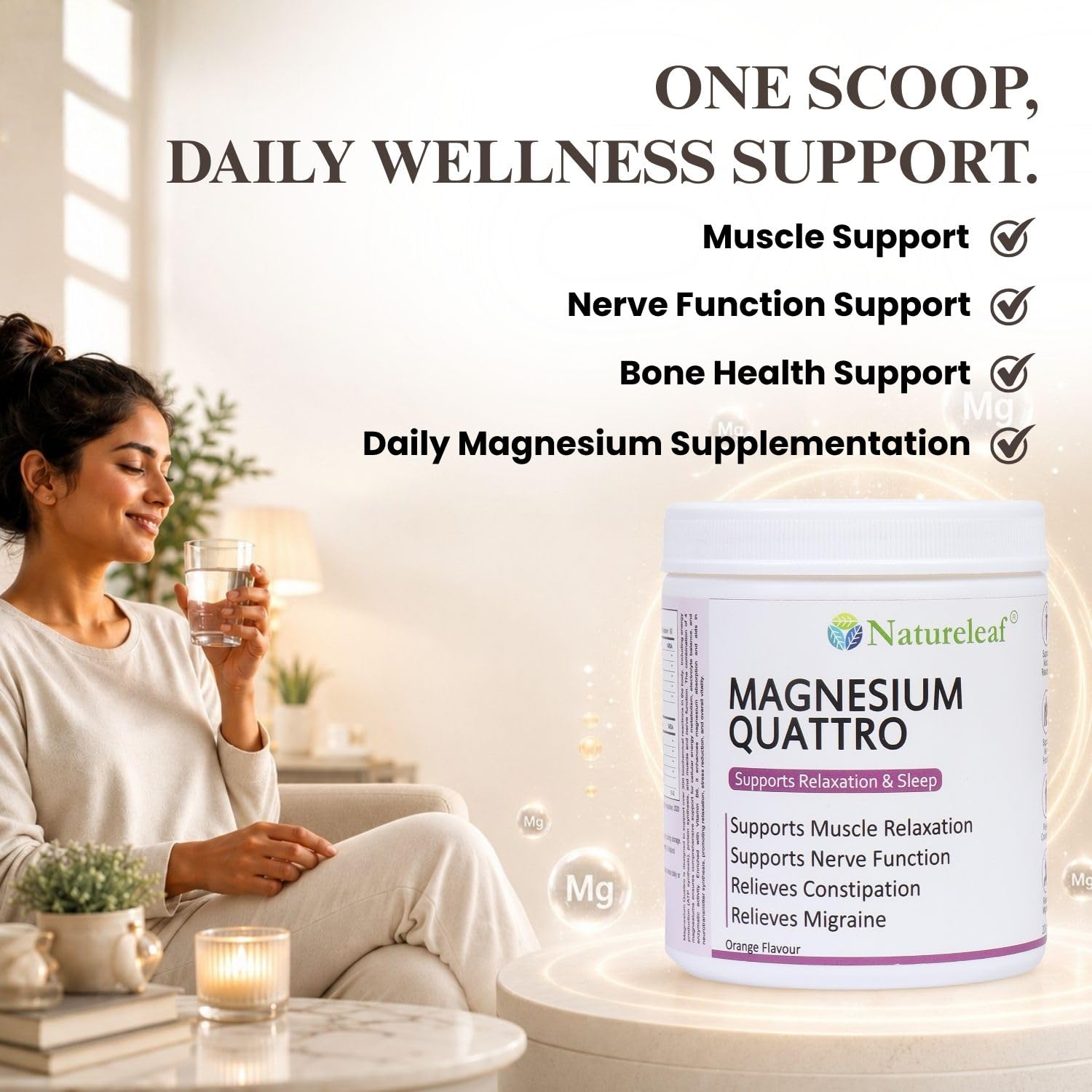 Natureleaf Magnesium Quattro Powder with Vitamin B6 | Magnesium Citrate, Glycinate, Malate & Oxide Blend | Supports Muscle Relaxation, Sleep, Nerve Function & Bone Health | Orange Flavour | 250g 3