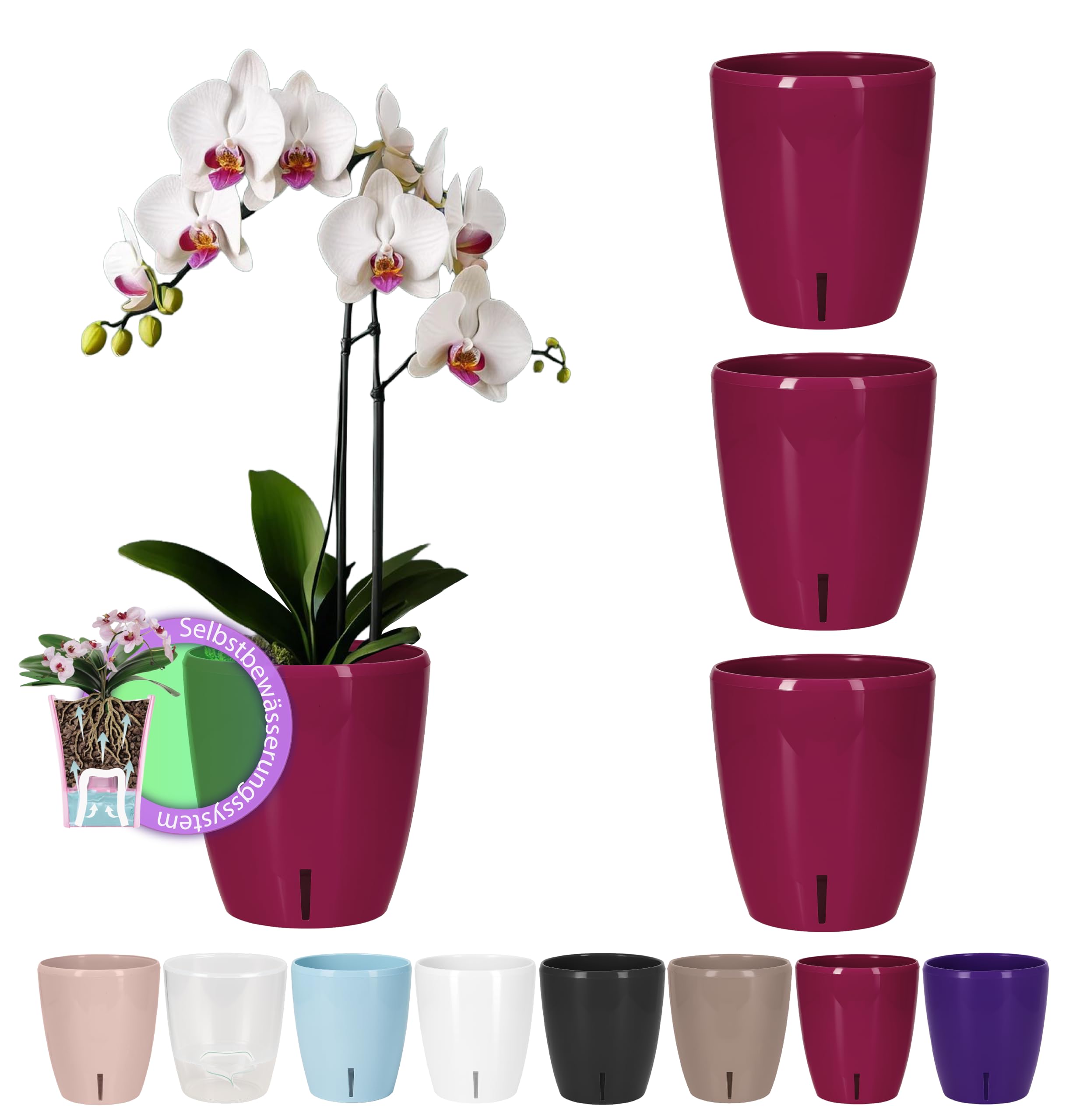 Santino Zestaw 4 doniczek na orchidee o średnicy 12 cm, z systemem knot i wskaźnikiem poziomu wody do wnętrz, fioletowy, 1,3 l
