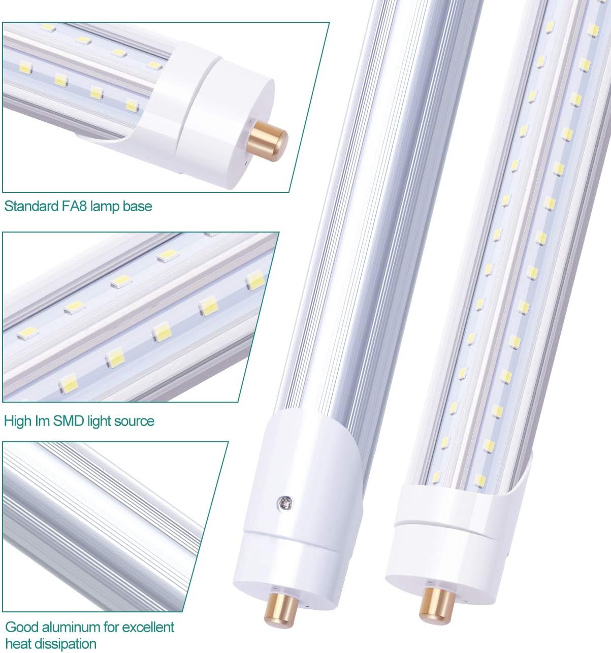 TRLIFE 8FT LED Bulbs 6000K, T8 8FT V Shape 65W FA8 LED Light Bulbs with Clear Cover(150W Fluorescent Bulbs Replacement), Dual Row L ED Chips, 7800Lm, Dual-Ended Power (4 Pack)