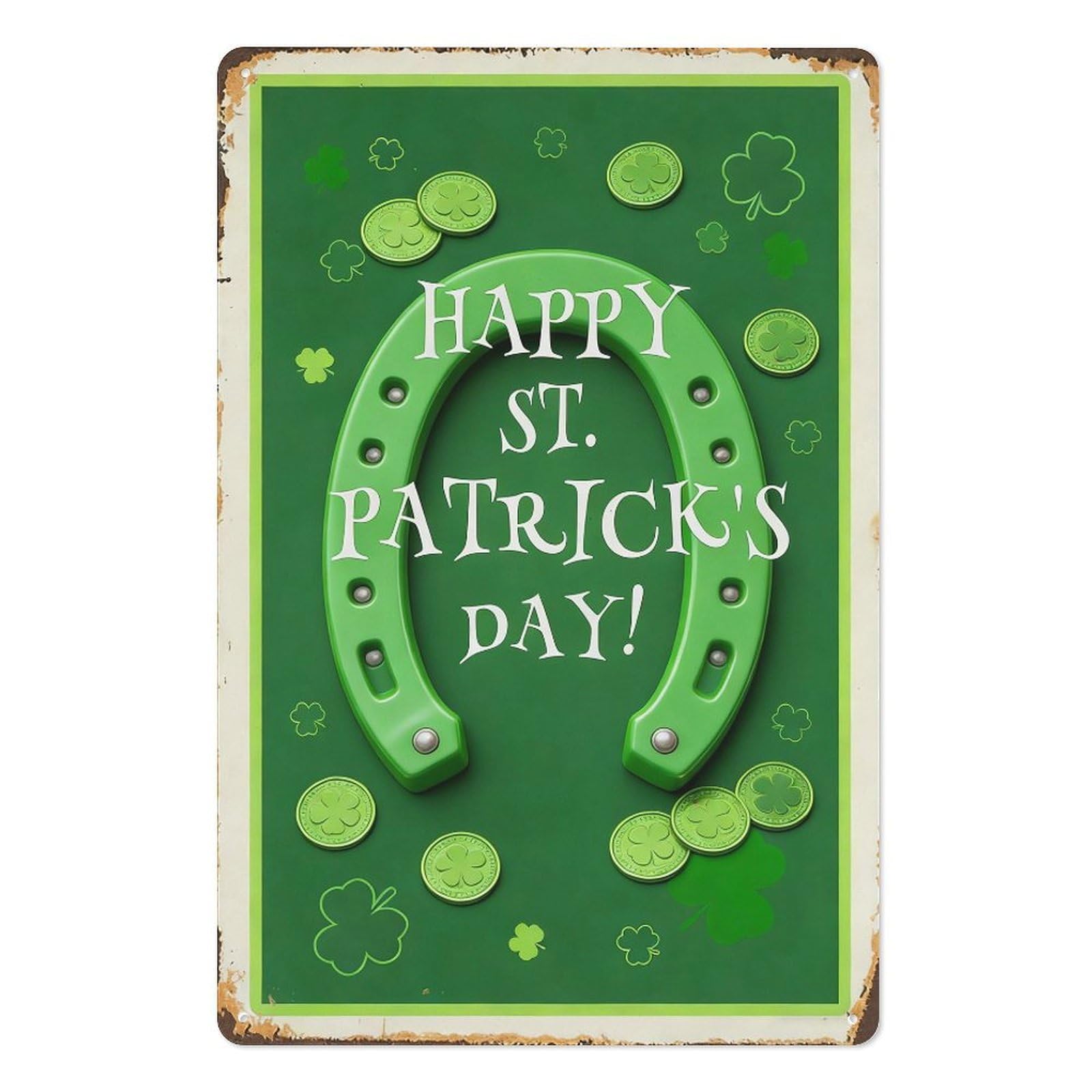 peiyeety Happy St Patrick’s Day Metal Tin Sign 8x12 Inch, Vintage Green Horseshoe Clover Coin Pub Bar Wall Decor Plaque, Irish Holiday Wall Art