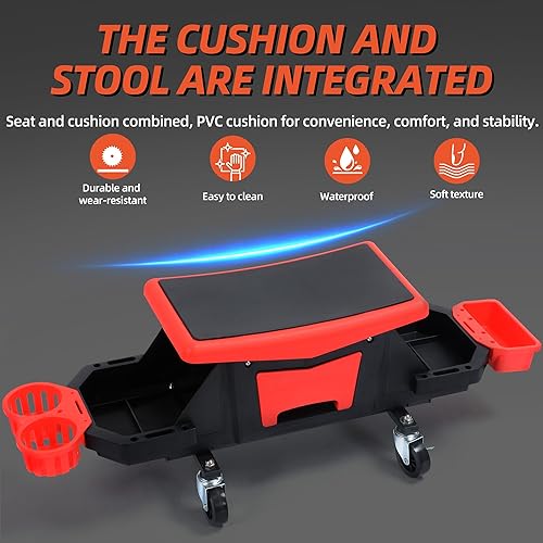 Miniatura 5 de YITAHOME Taburete detallado con ruedas, asiento mecánico con 2 bandejas extraíbles y cajón, taburete de garaje rodante resistente de 330 libras de