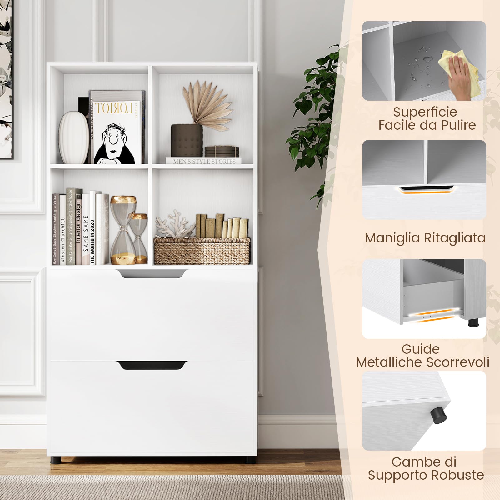 COSTWAY Libreria a 4 Cubi con 2 Cassetti, Scaffale Alto a 5 Ripiani da 130 cm, Libreria Moderna a Cubi Aperti, Organizer in Legno per Soggiorno, Studio, Ufficio Domestico (Bianco)