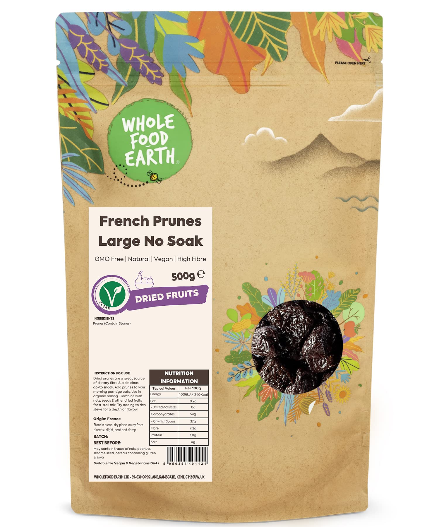 Wholefood EarthFrench Prunes Large No Soak 500 g | GMO Free | Natural | High Fibre