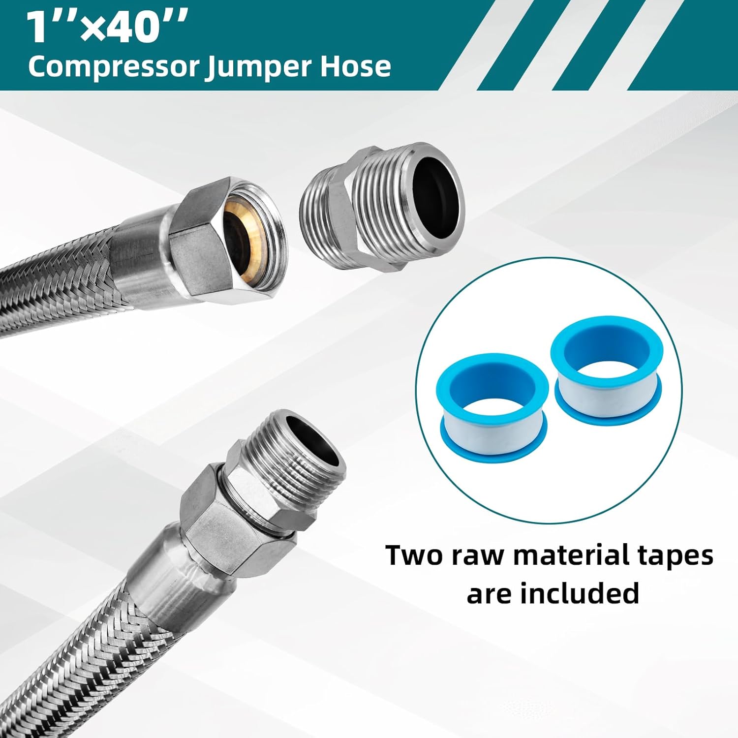Compressor Jumper Hose, 1-inch NPT Male Head, 40" Length, 450 PSI, 750°F, Freely Rotating Stainless Steel Metal Hose with Connectors on Both Ends