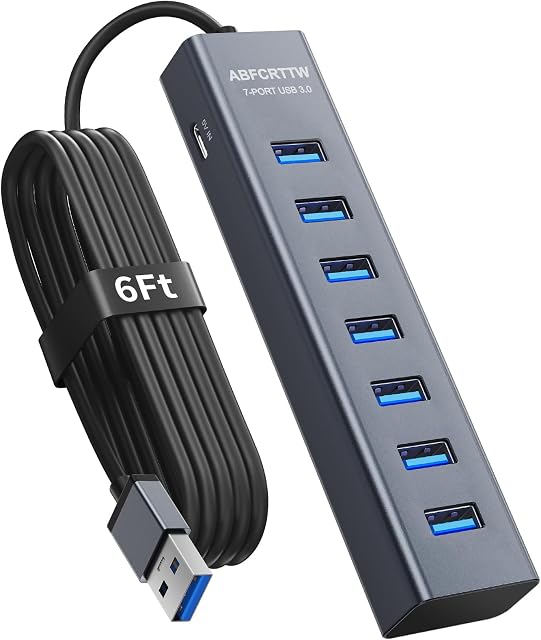 7-Port USB HUB 3.0 with 180 cm Cable for Desktop, Aluminium USB HUB 5Gbps USB Splitter Multiport Adapter, USB Splitter with 5V 3A Type-C Port for PC, Laptop, MacBook, U-Disk, Mouse